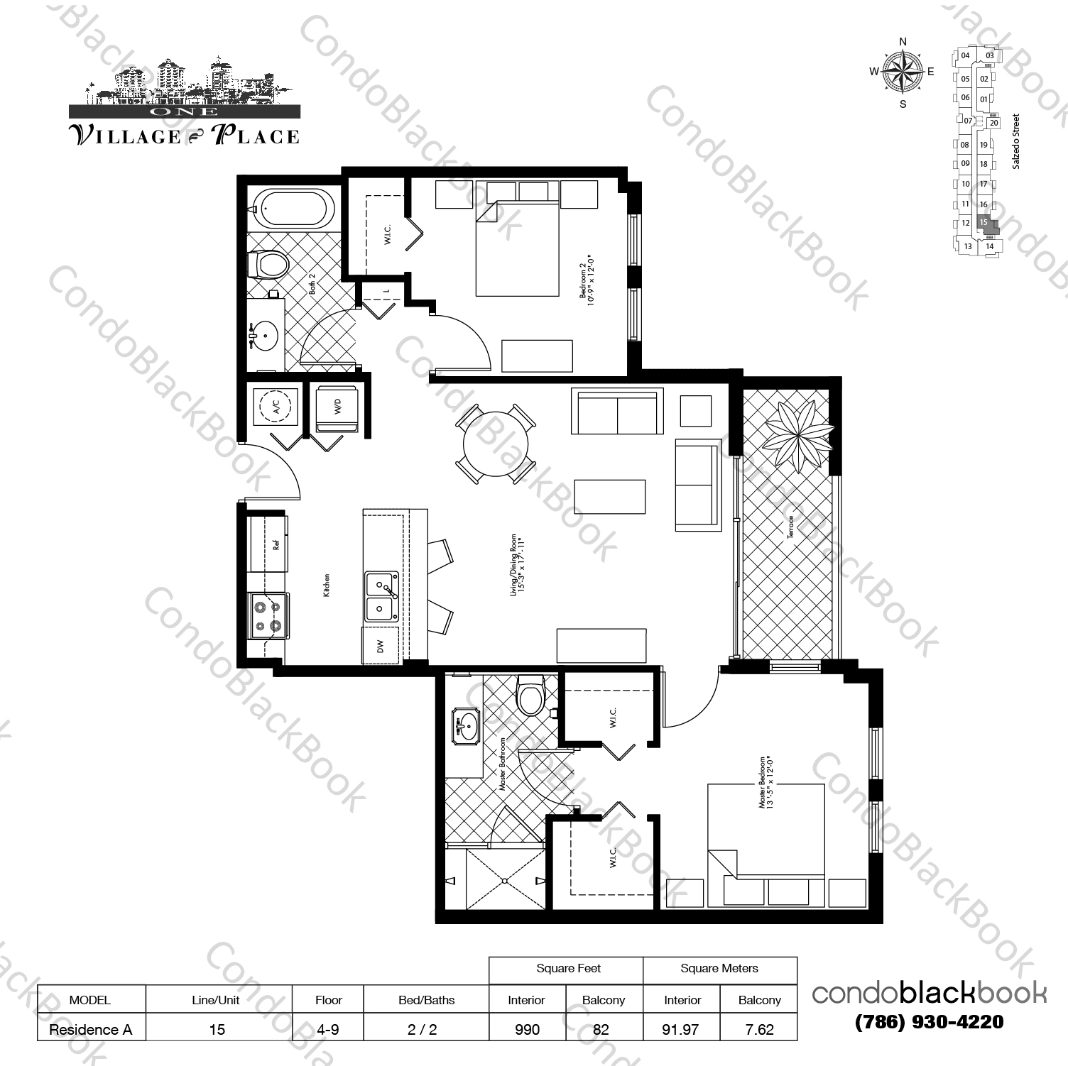 Floor plan for One Village Place Coral Gables, model Residence A, line 15, 2 / 2 bedrooms, 990 sq ft