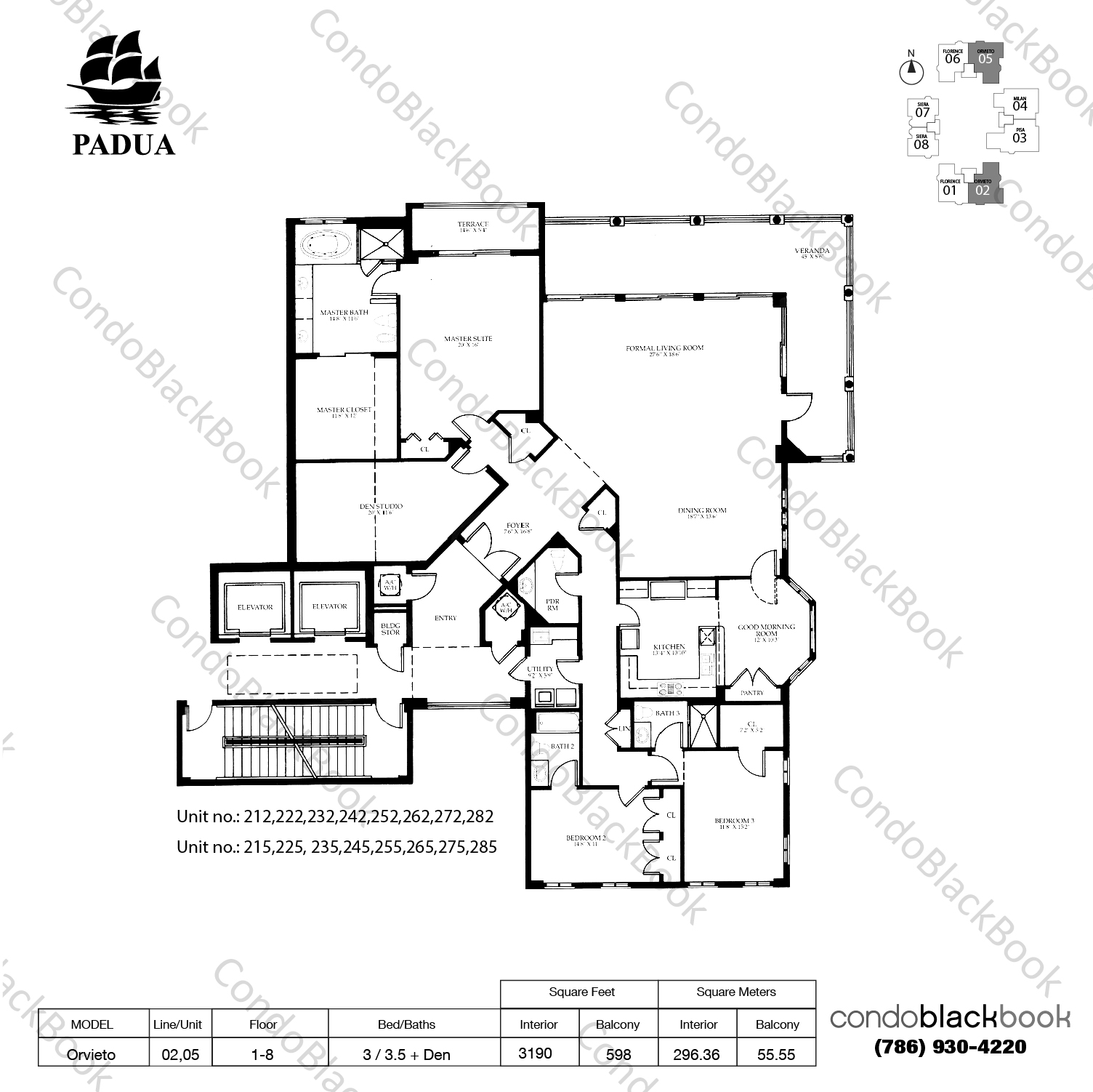 Floor plan for Padua Condo Deering Bay Coral Gables, model Orvieto, line 02,05, 3 / 3.5 + Den bedrooms, 3190 sq ft