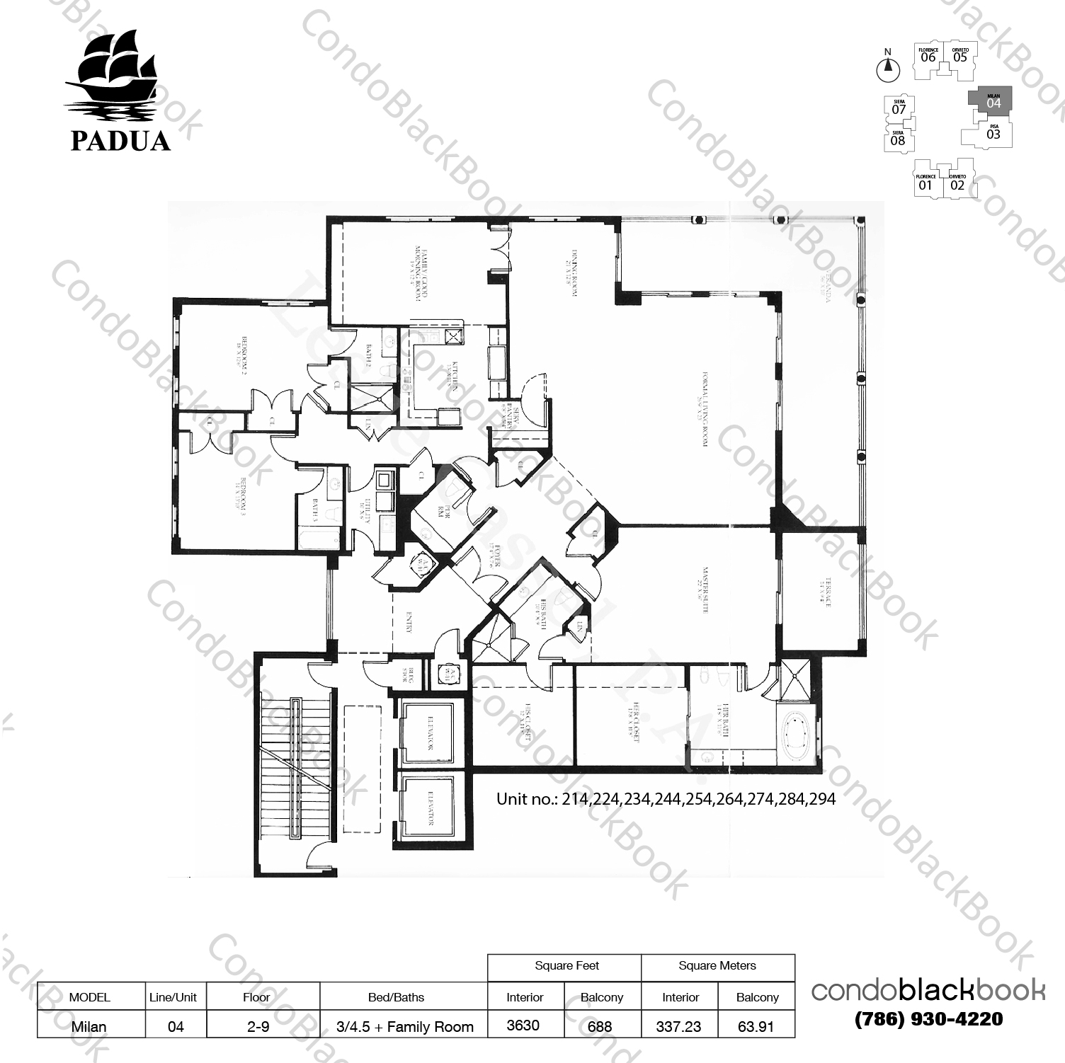 Floor plan for Padua Condo Deering Bay Coral Gables, model Milan, line 04, 3 / 4.5 + Family Room bedrooms, 3630 sq ft