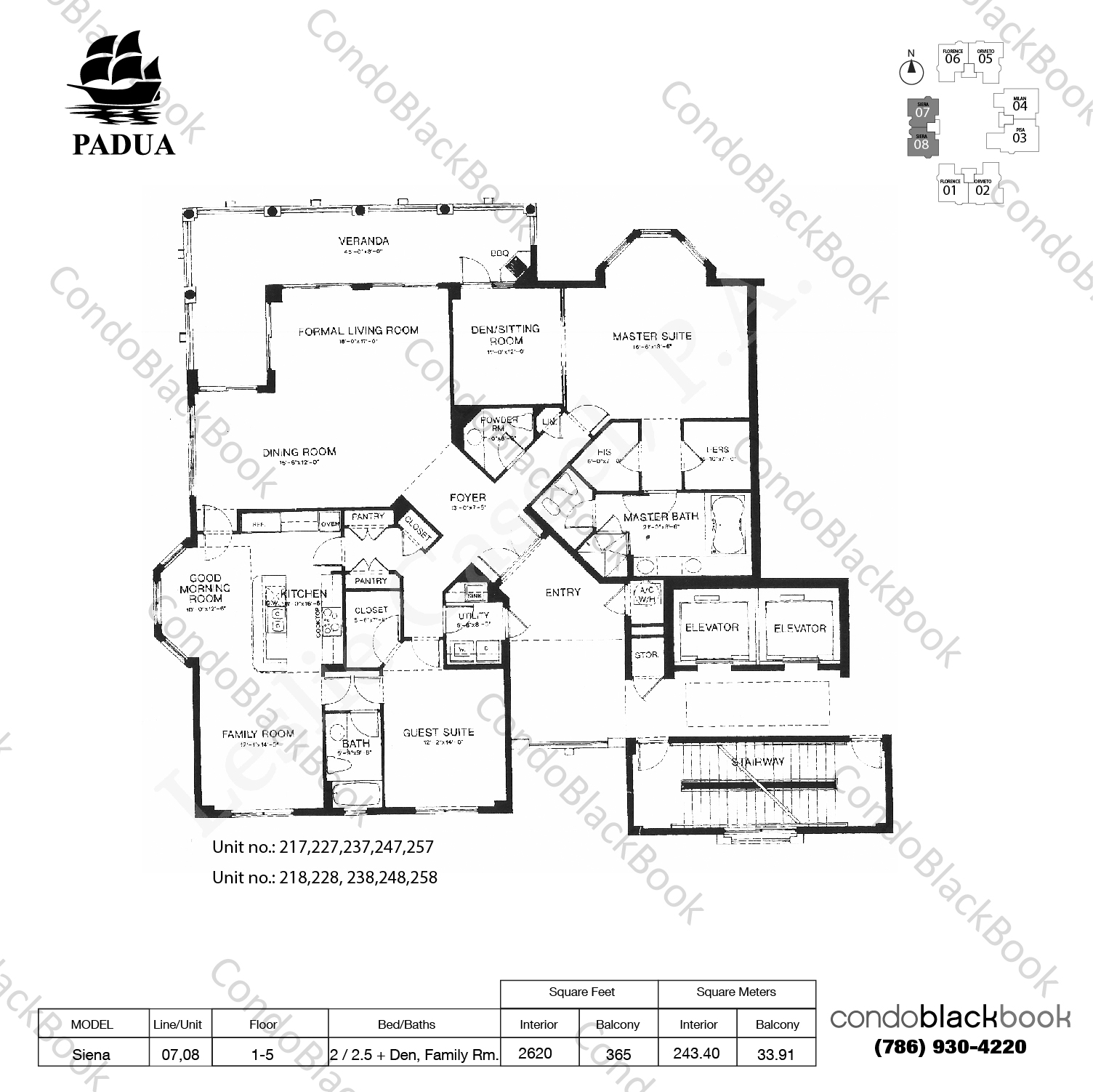 Floor plan for Padua Condo Deering Bay Coral Gables, model Siena, line 07,08, 2 / 2.5 + Den, Family Room bedrooms, 2620 sq ft