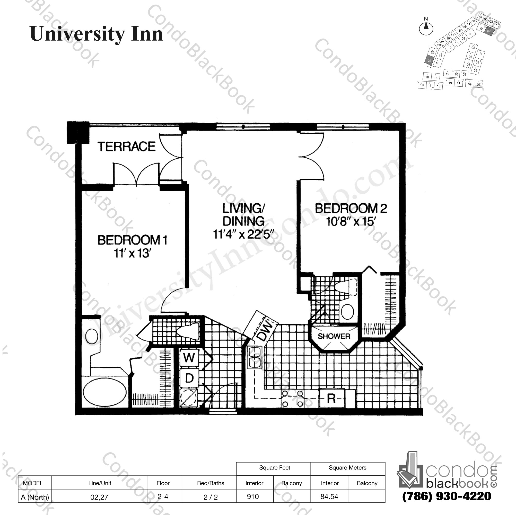 Floor plan for University Inn Coral Gables, model A_North, line 02,27, 2 / 2 bedrooms, 910 sq ft