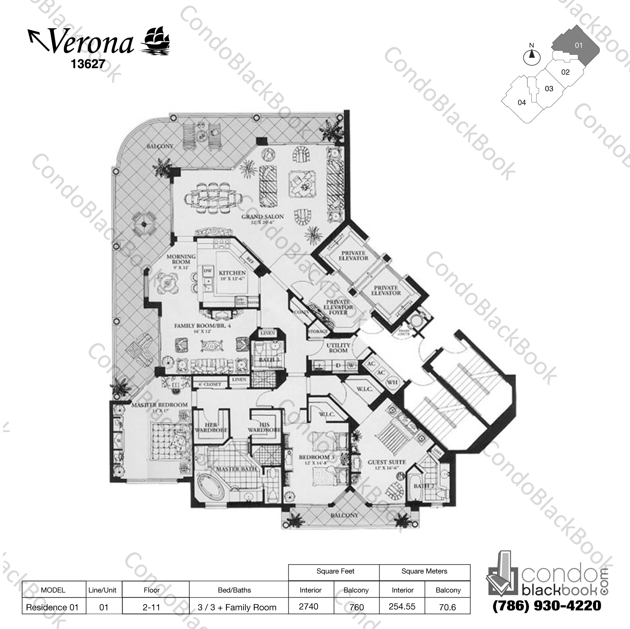 Floor plan for Verona Condo Deering Bay Coral Gables, model Residence 01, line 01, 3 / 3 + Family Room bedrooms, 2740 sq ft