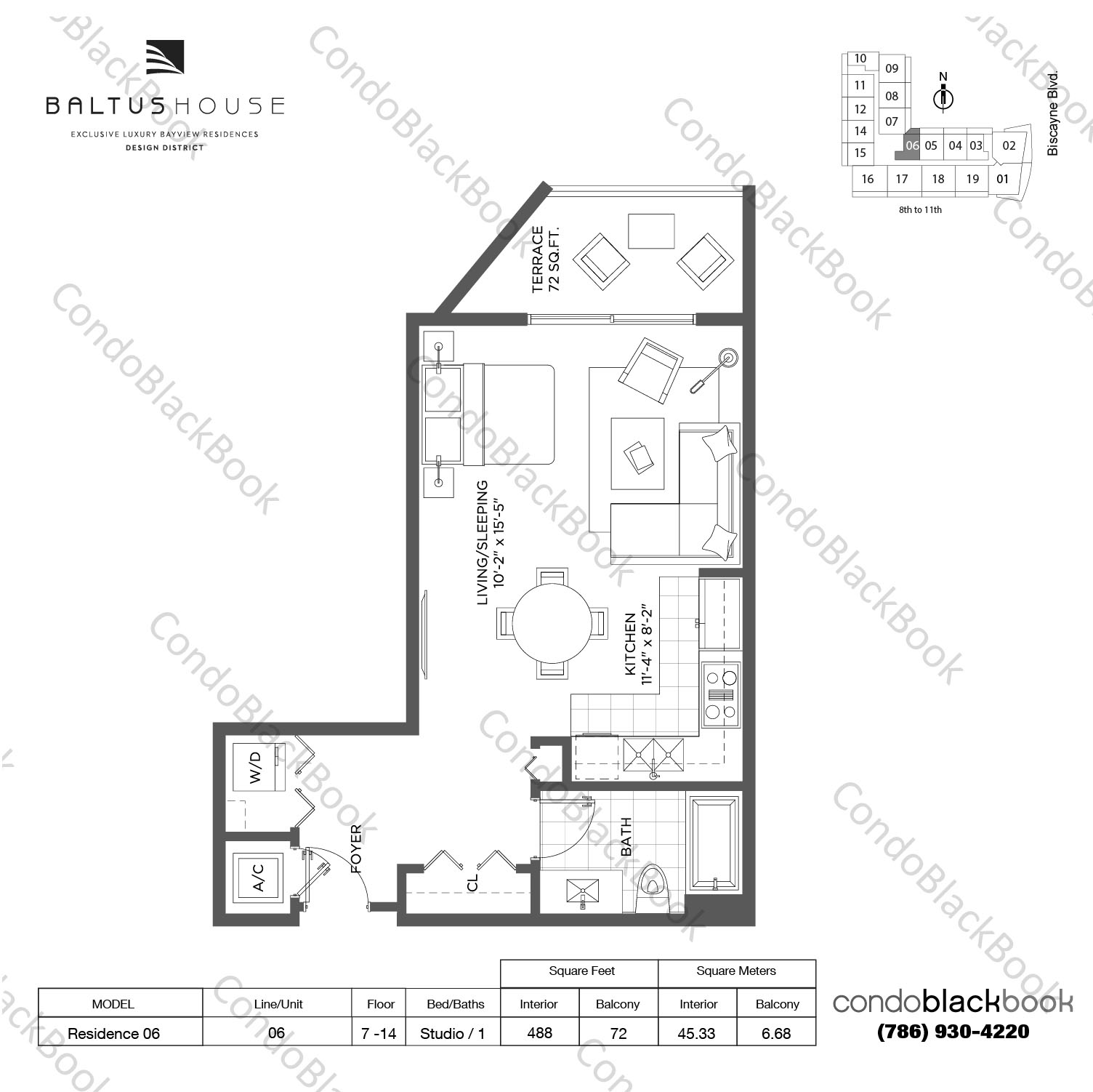 Floor plan for Baltus House Design District / Buena Vista Miami, model Residence 06, line 06, Studio / 1 bedrooms, 488 sq ft