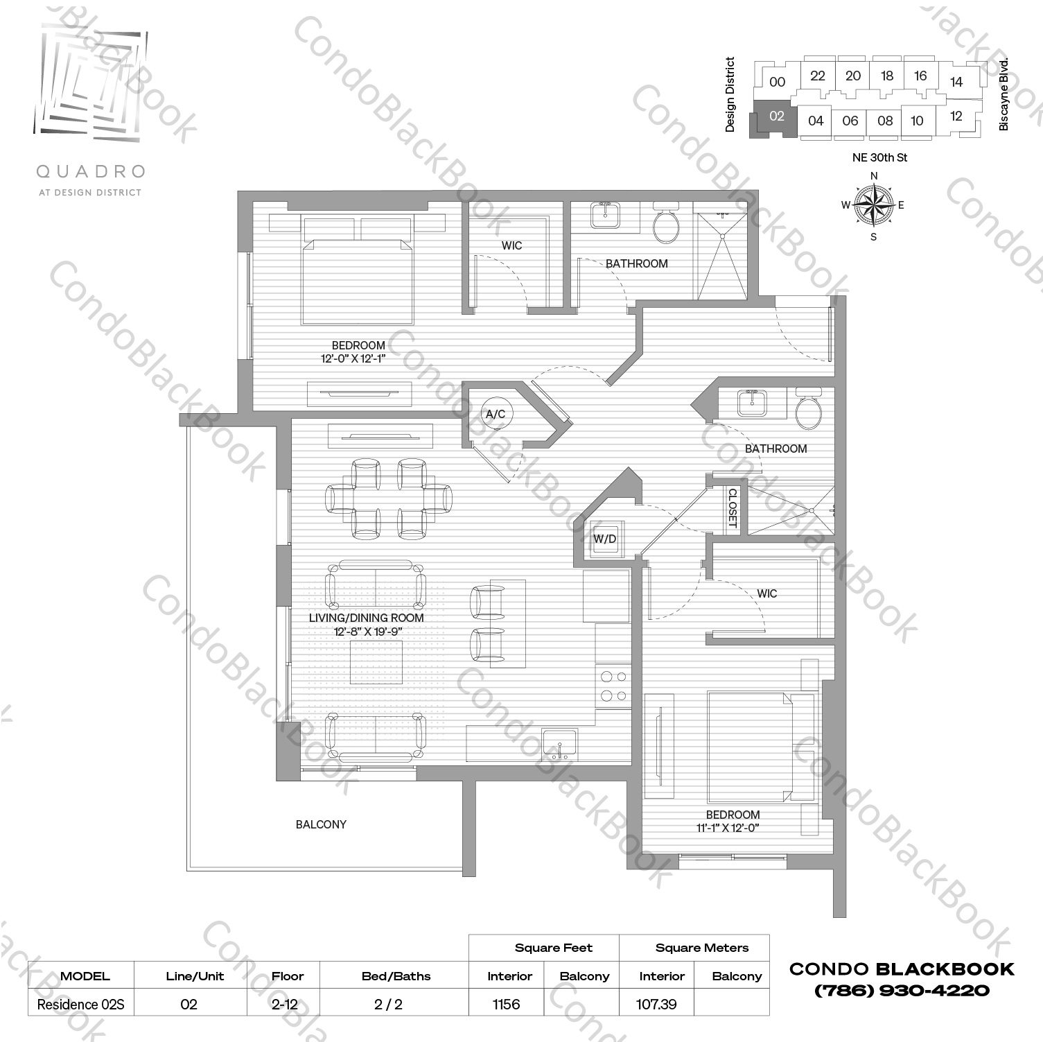 Floor plan for Quadro Design District / Buena Vista Miami, model Residence 02S, line 02, 2 / 2 bedrooms, 1156 sq ft