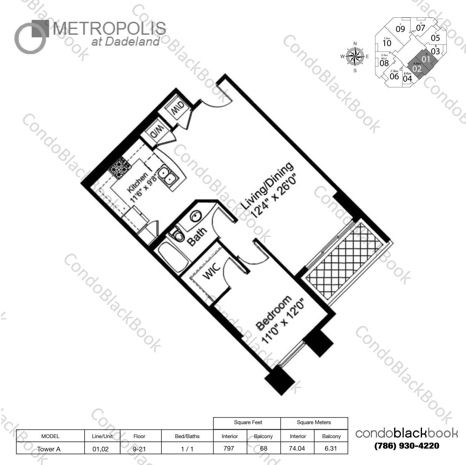 Floor plan for Metropolis at Dadeland Dadeland Miami, model Tower A, line 01,02, 1 / 1 bedrooms, 797 sq ft