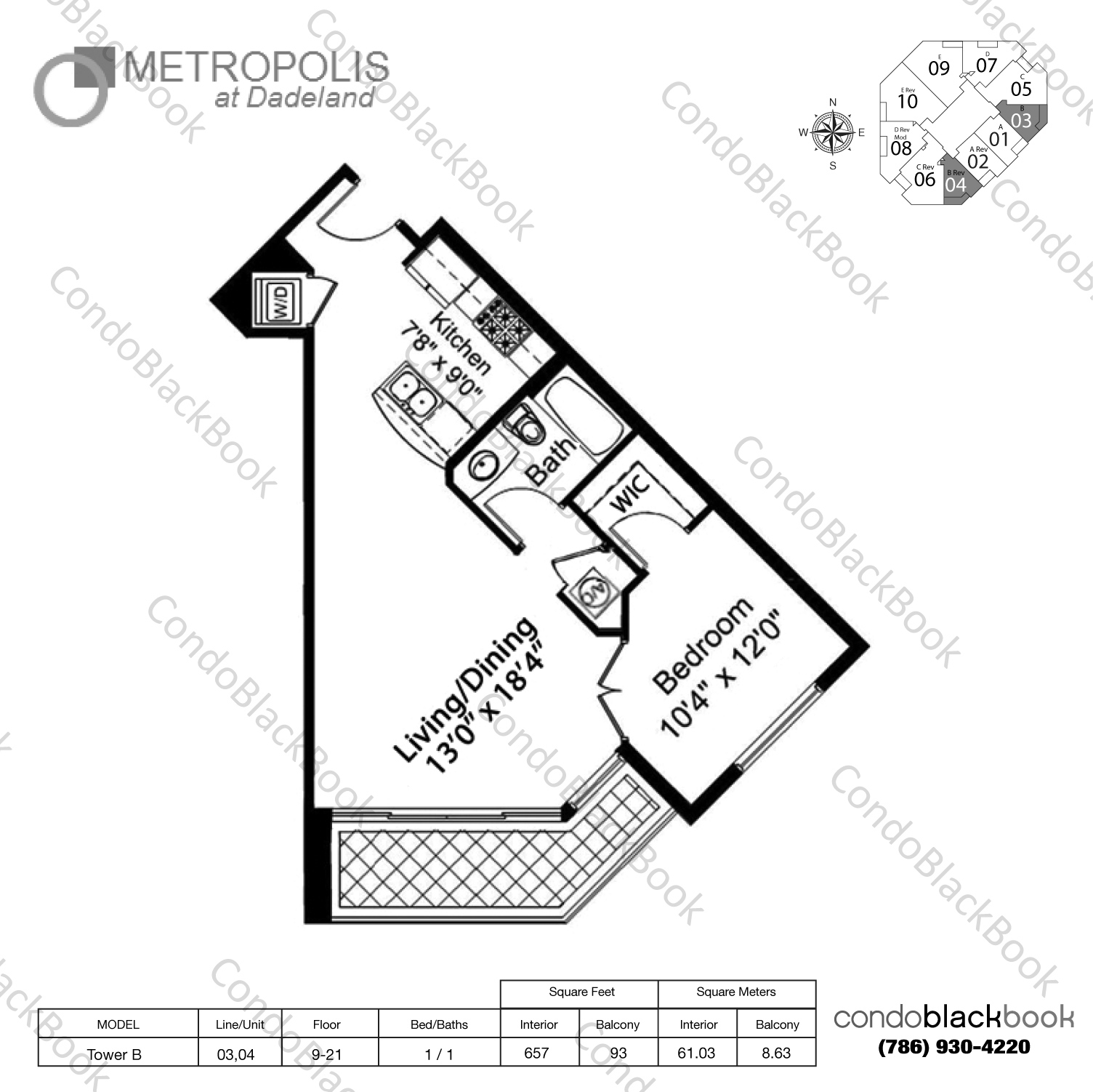 Floor plan for Metropolis at Dadeland Dadeland Miami, model Tower B, line 03,04, 1 / 1 bedrooms, 657 sq ft