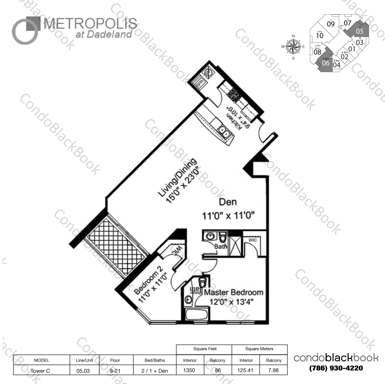Floor plan for Metropolis at Dadeland Dadeland Miami, model Tower C, line 05,03, 2 / 1 + Den bedrooms, 1350 sq ft