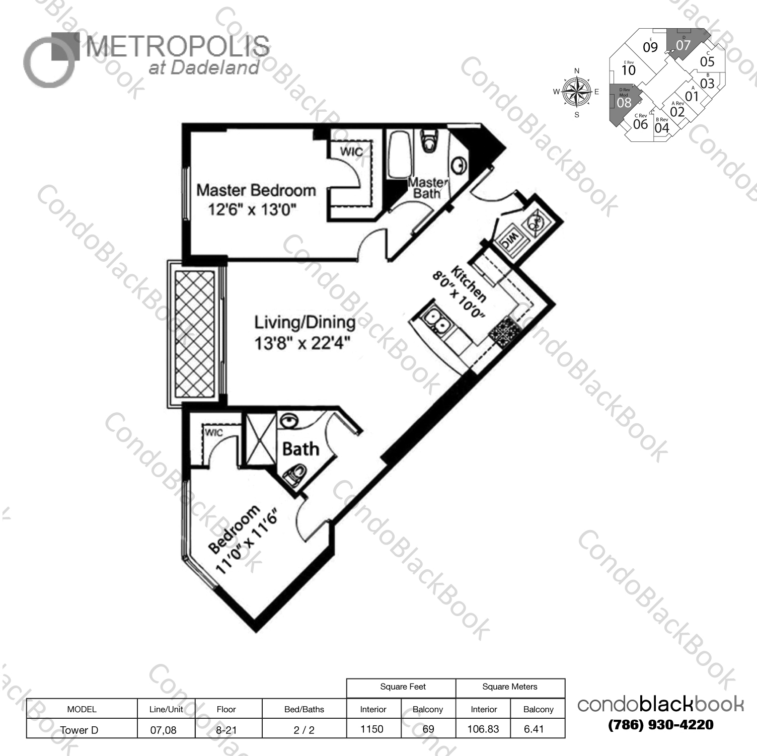 Floor plan for Metropolis at Dadeland Dadeland Miami, model Tower D, line 07,08, 2 / 2 bedrooms, 1150 sq ft
