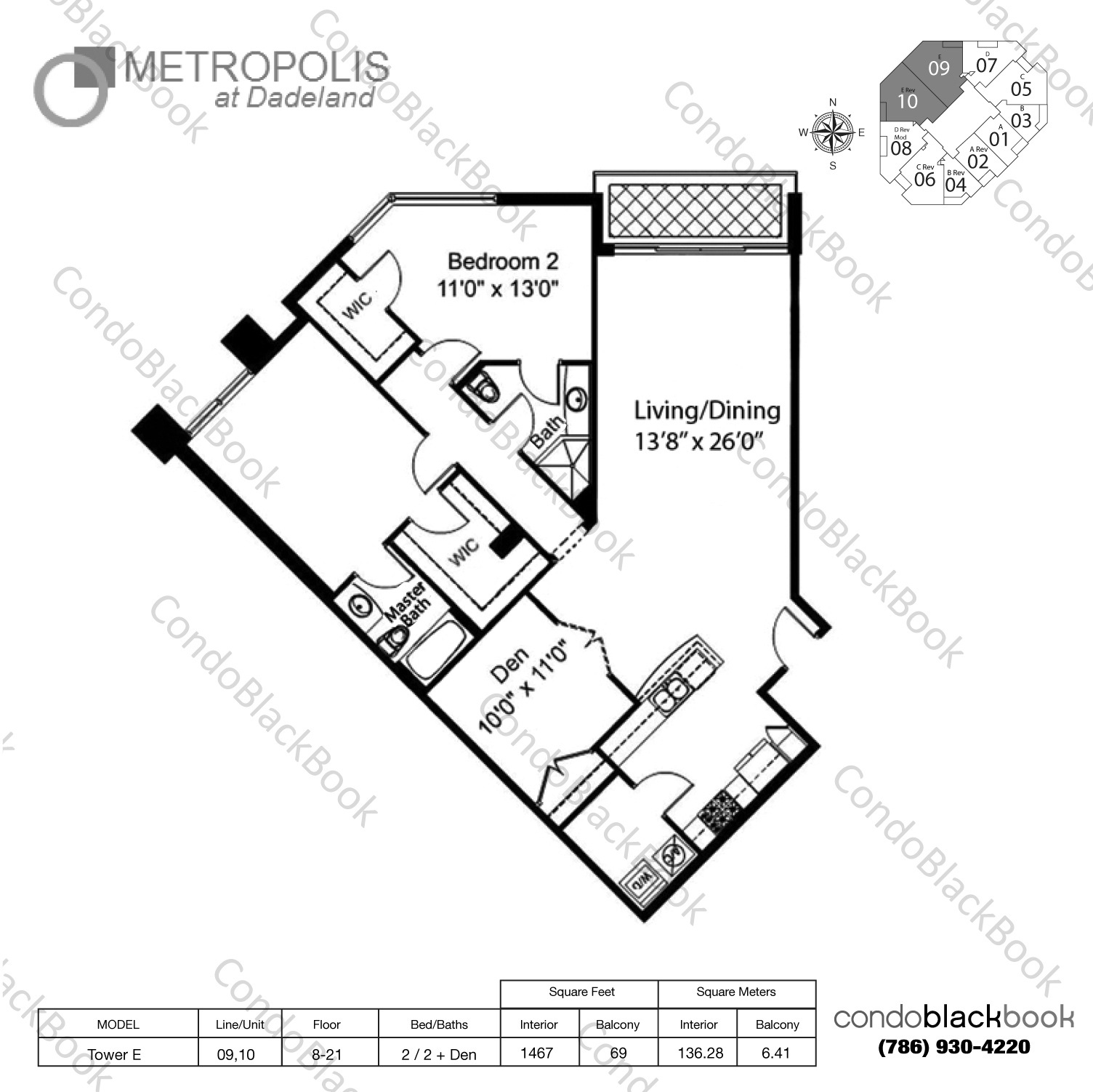 Floor plan for Metropolis at Dadeland Dadeland Miami, model Tower E, line 09,10, 2 / 2 + Den bedrooms, 1467 sq ft