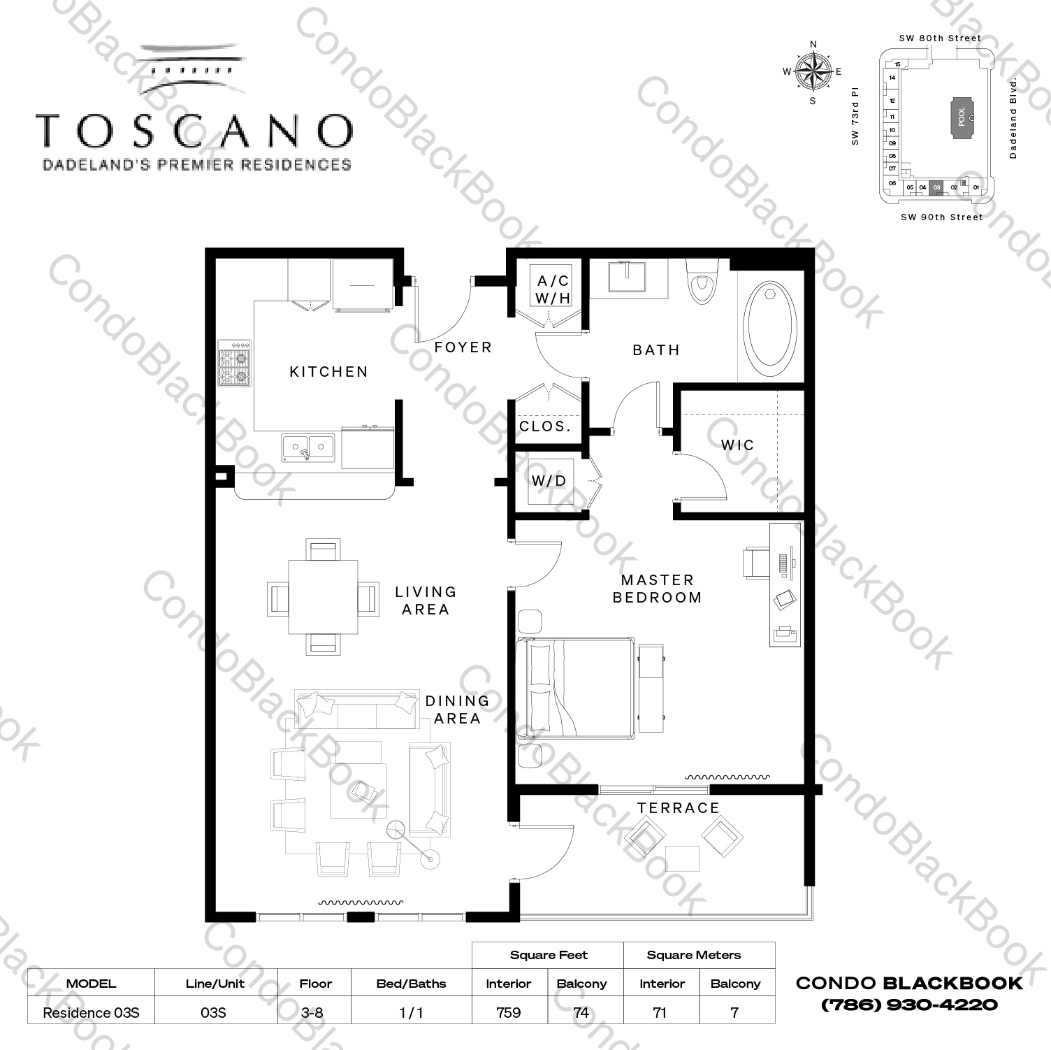 Floor plan for Toscano Dadeland Miami, model Residence 03S, line 03S, 1 / 1 bedrooms, 759 sq ft