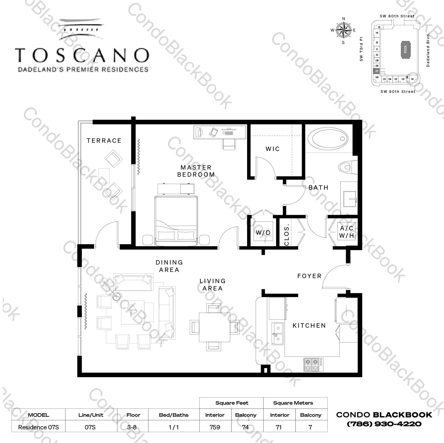 Floor plan for Toscano Dadeland Miami, model Residence 07S, line 07S, 1 / 1 bedrooms, 759 sq ft