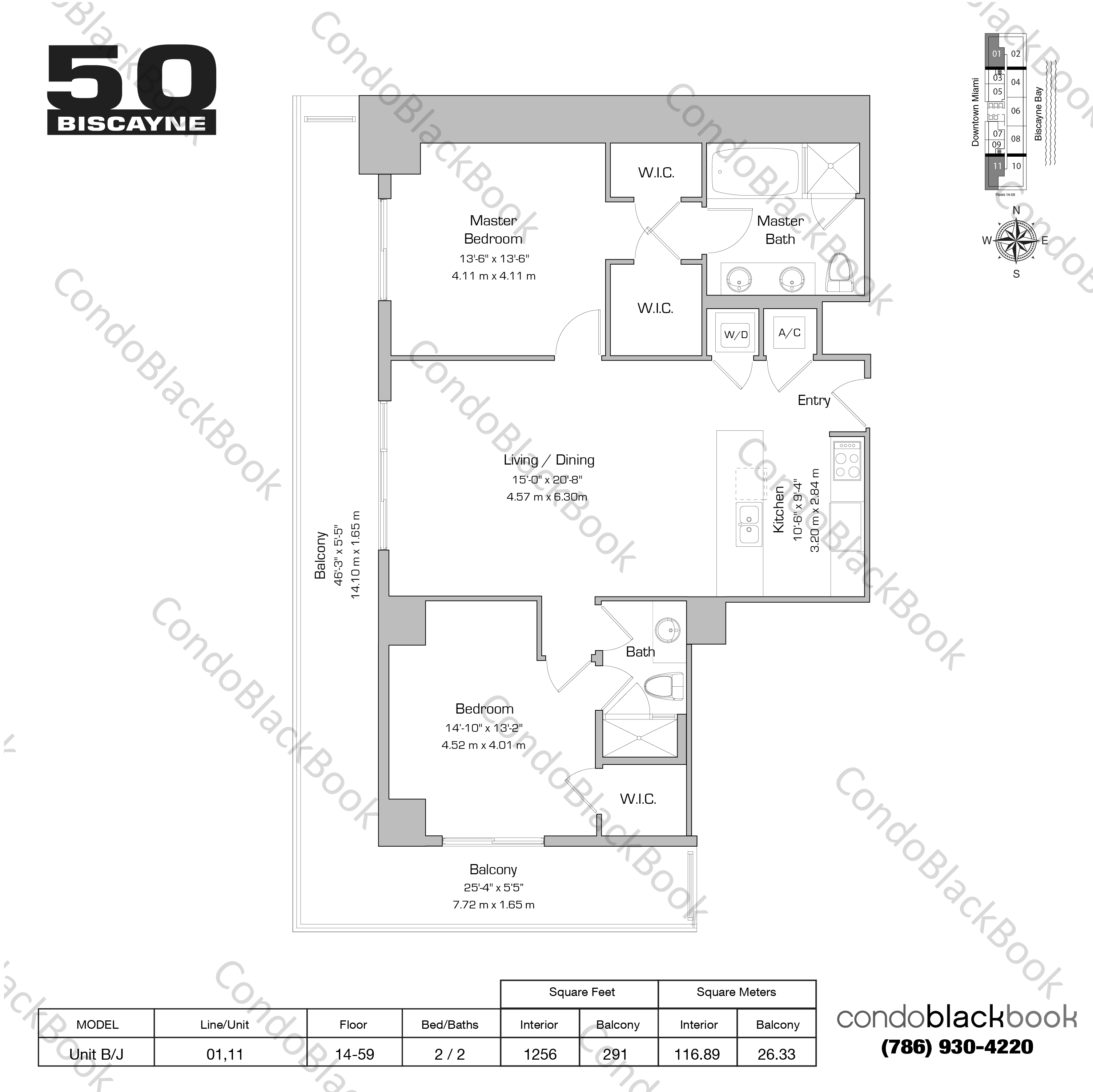 Floor plan for 50 Biscayne Downtown Miami Miami, model Unit B/J, line 01,11, 2 / 2 bedrooms, 1256 sq ft