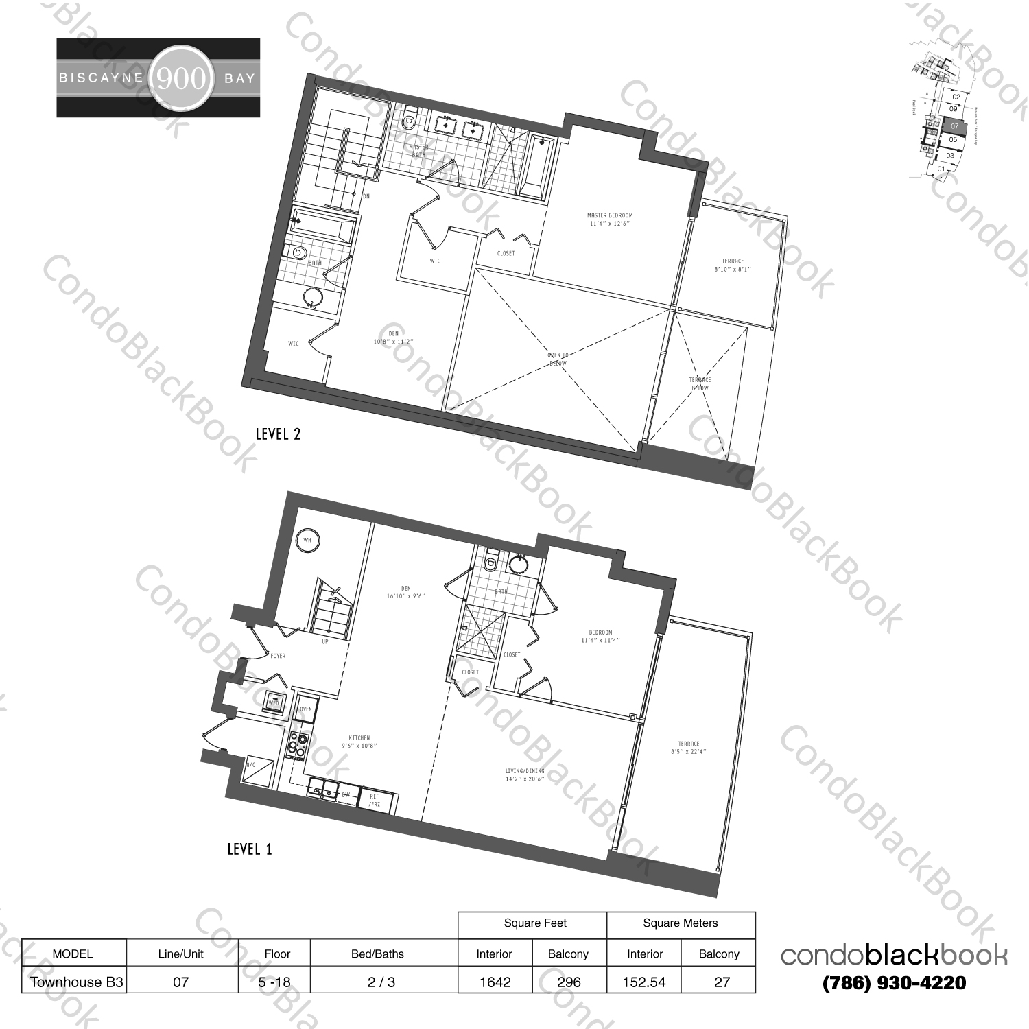 Floor plan for 900 Biscayne Bay Downtown Miami Miami, model Townhouse B3, line 07, 2 / 3 bedrooms, 1642 sq ft