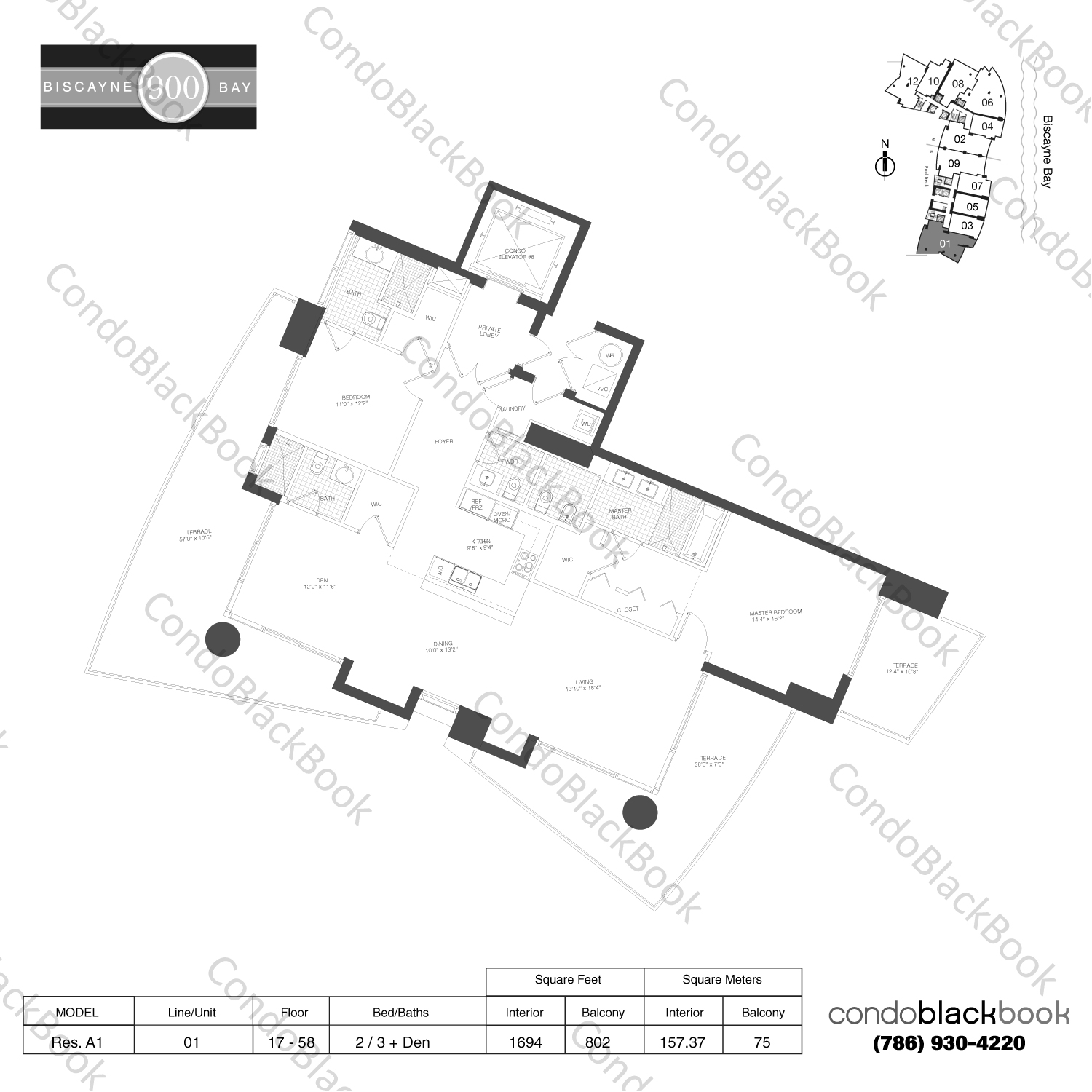 Floor plan for 900 Biscayne Bay Downtown Miami Miami, model Res. A1, line 01, 2 / 3 + Den bedrooms, 1694 sq ft