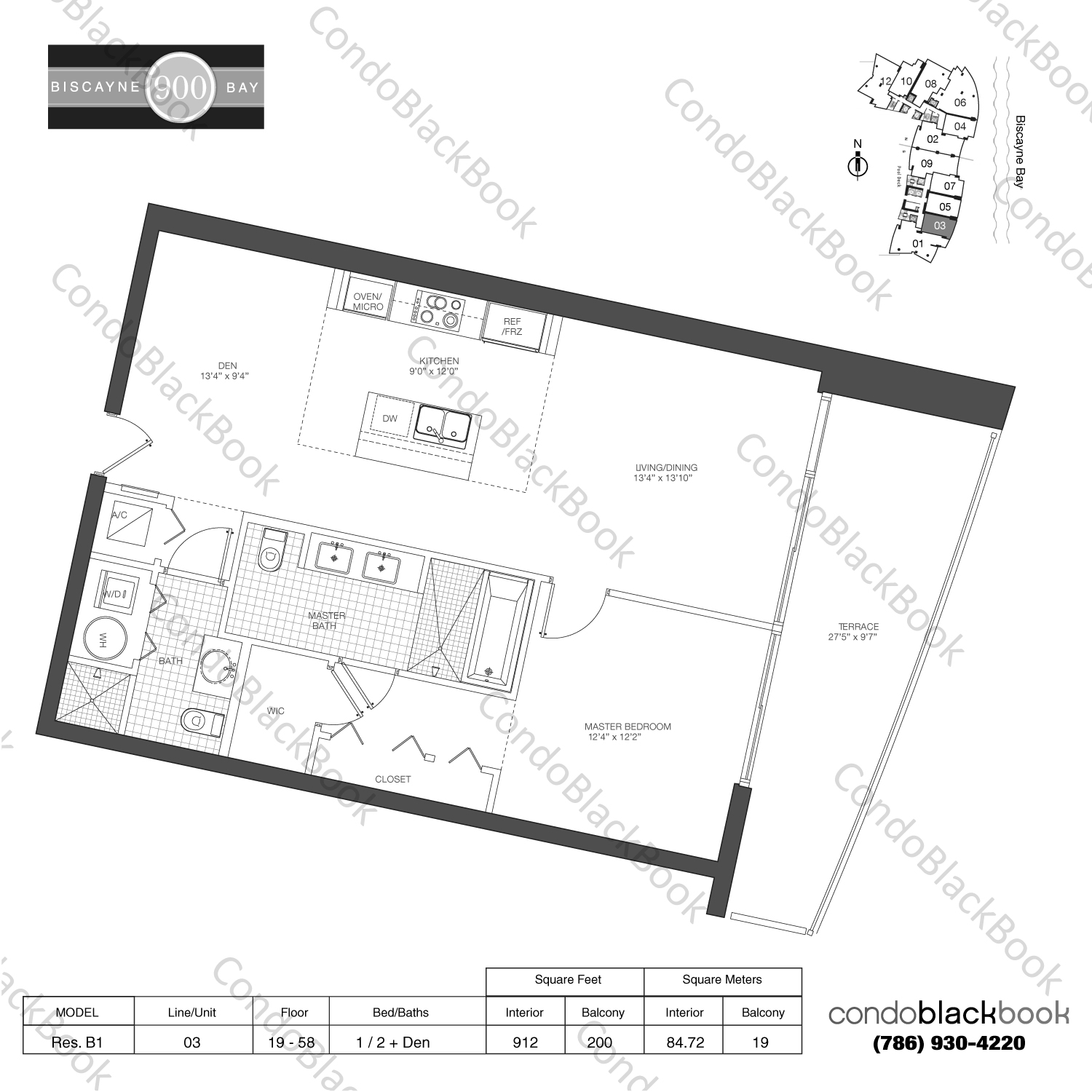 Floor plan for 900 Biscayne Bay Downtown Miami Miami, model Res. B1, line 03, 1 / 2 + Den bedrooms, 912 sq ft