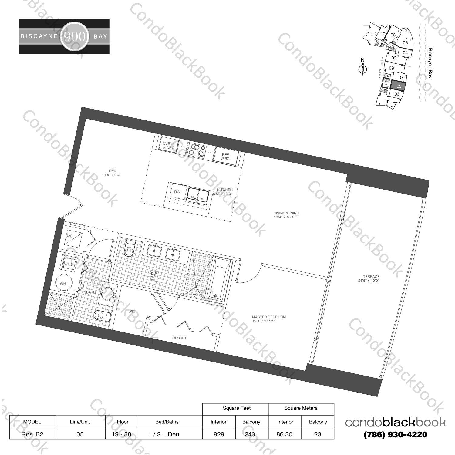 Floor plan for 900 Biscayne Bay Downtown Miami Miami, model Res. B2, line 05, 1 / 2 + Den bedrooms, 929 sq ft