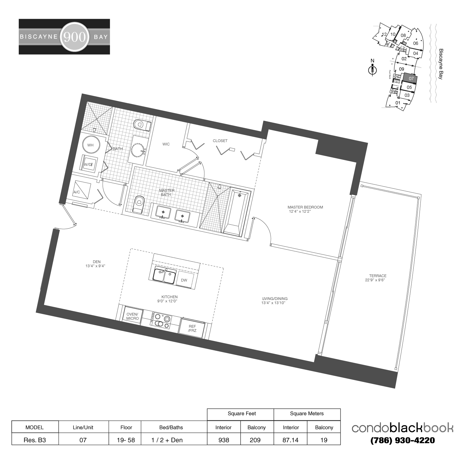Floor plan for 900 Biscayne Bay Downtown Miami Miami, model Res. B3, line 07, 1 / 2 + Den bedrooms, 938 sq ft