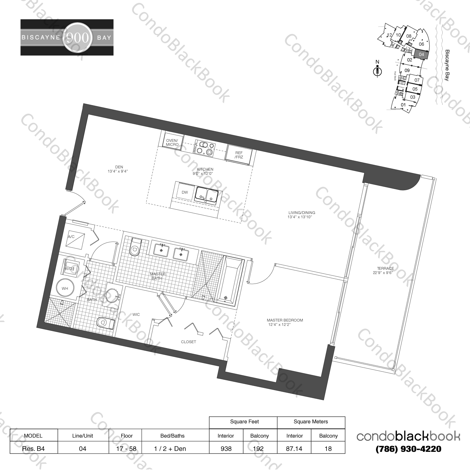 Floor plan for 900 Biscayne Bay Downtown Miami Miami, model Res. B4, line 04, 1 / 2 + Den bedrooms, 938 sq ft