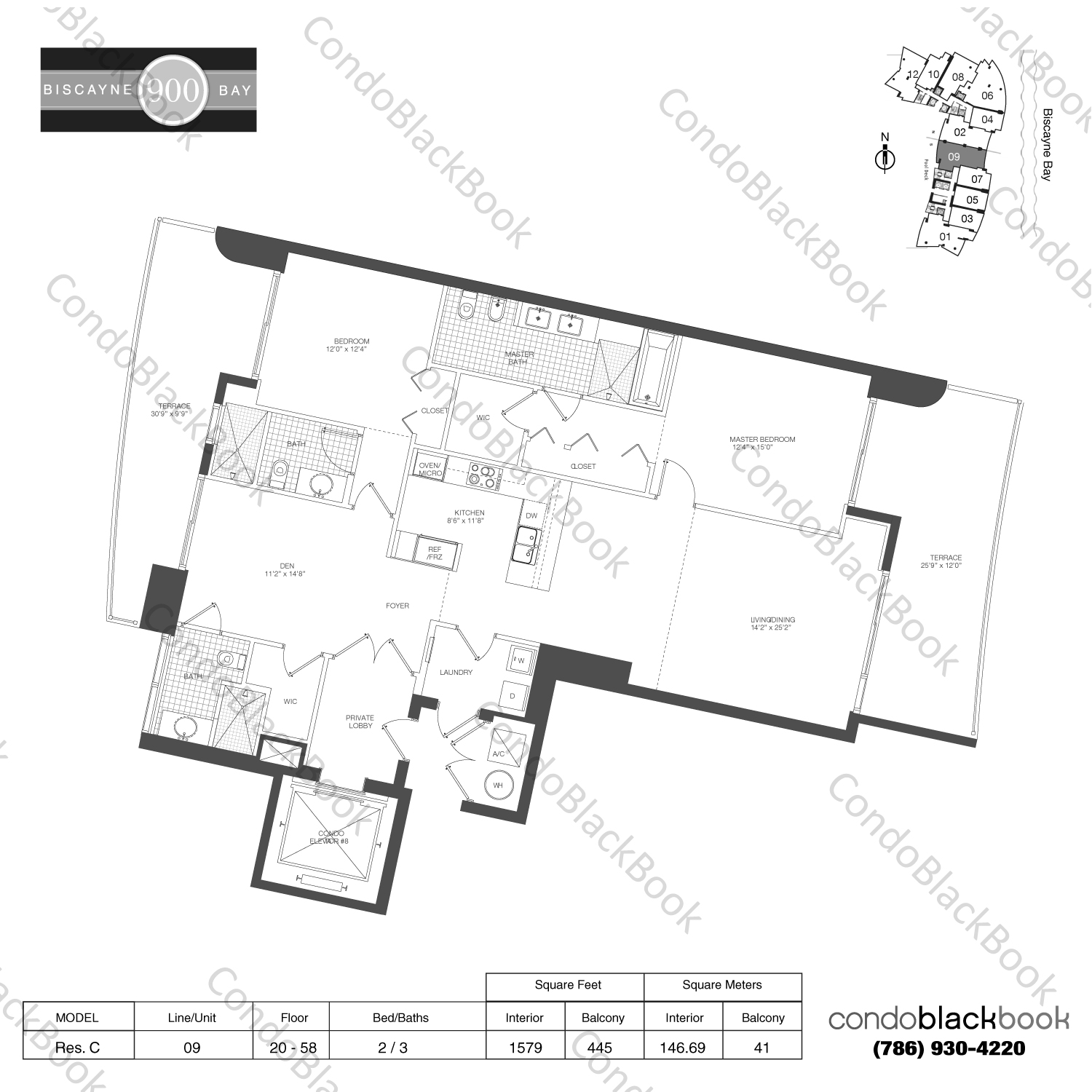 Floor plan for 900 Biscayne Bay Downtown Miami Miami, model Res. C, line 09, 2 / 3 bedrooms, 1579 sq ft