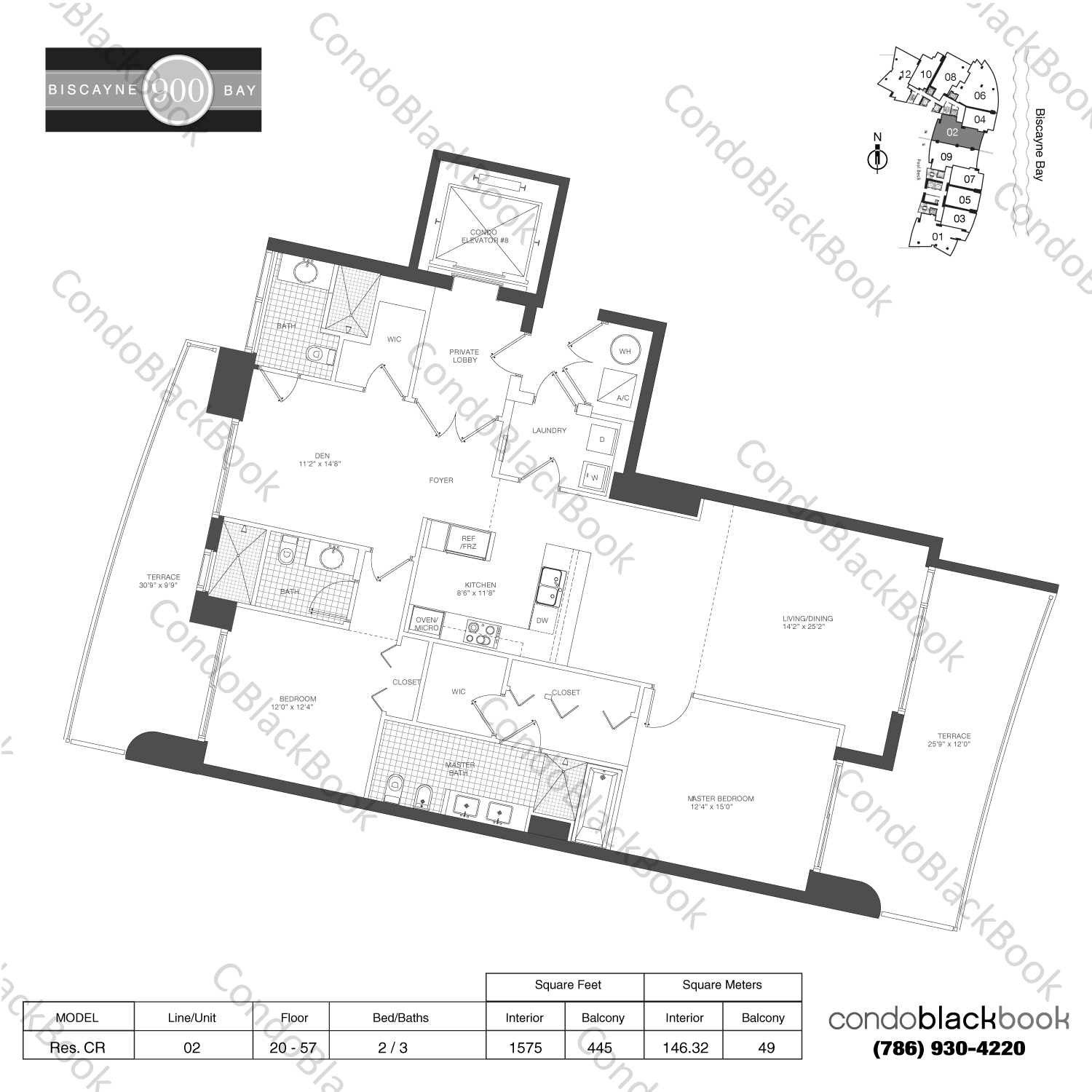 Floor plan for 900 Biscayne Bay Downtown Miami Miami, model Res. CR, line 02, 2 / 3 bedrooms, 1575 sq ft