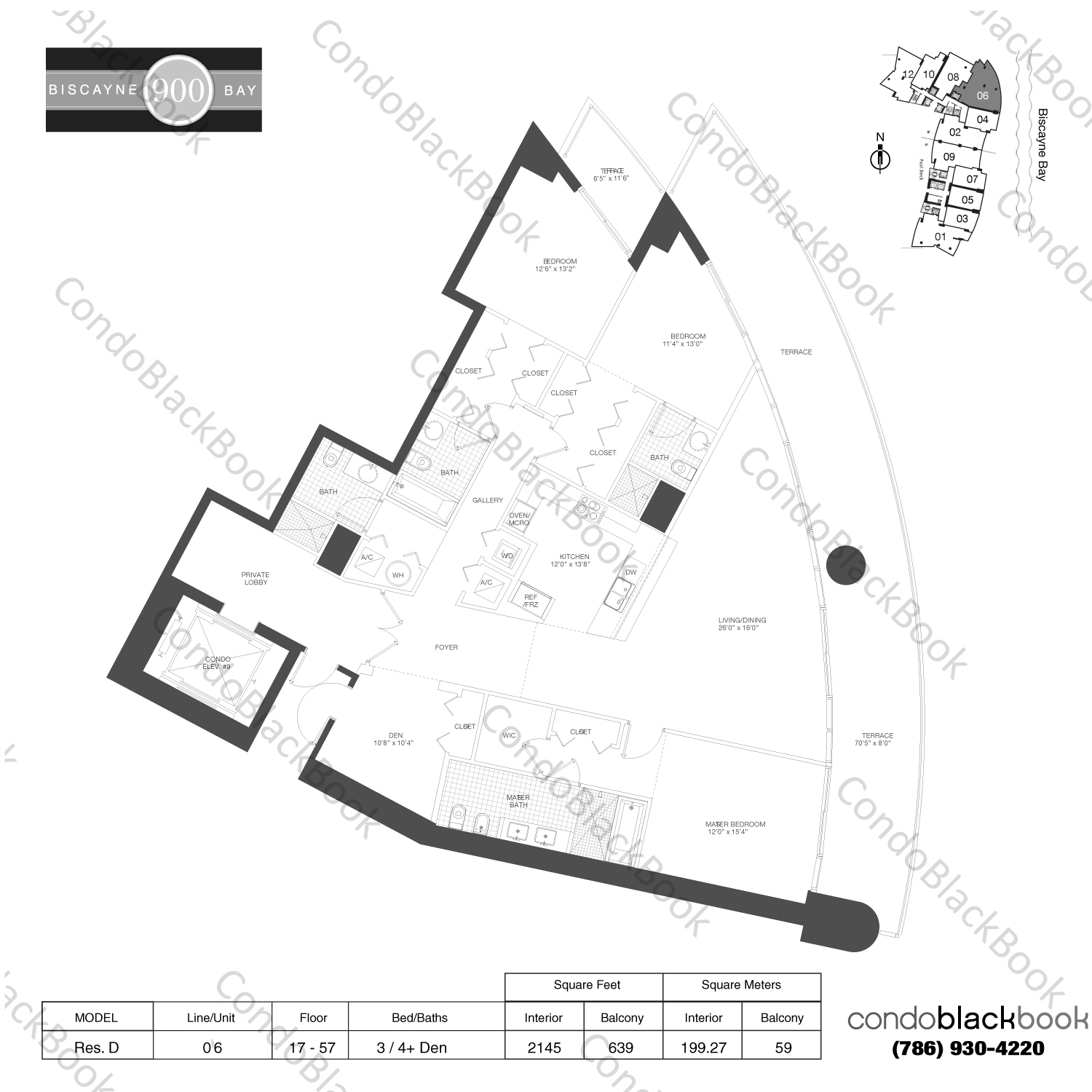 Floor plan for 900 Biscayne Bay Downtown Miami Miami, model Res. D, line 06, 3 / 4+ Den bedrooms, 2145 sq ft