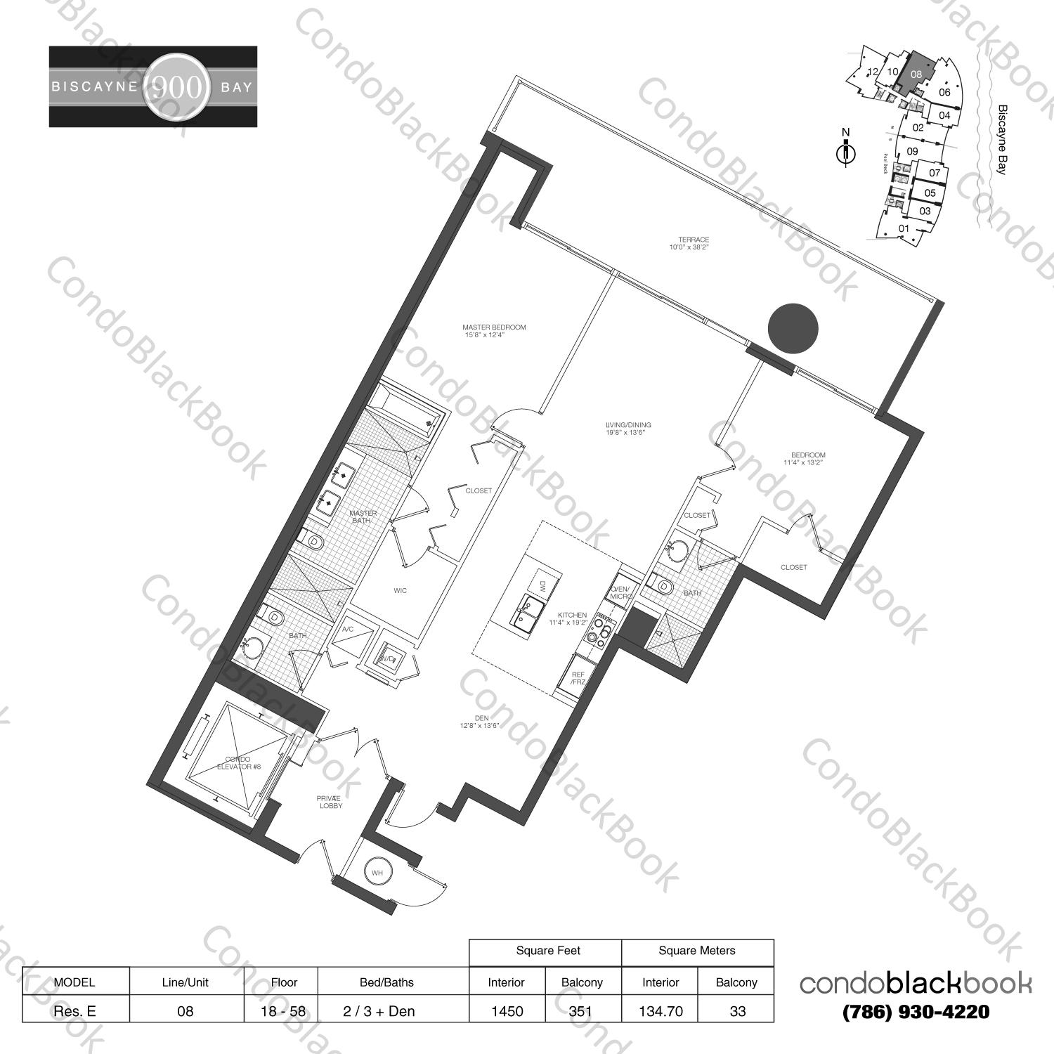 Floor plan for 900 Biscayne Bay Downtown Miami Miami, model Res. E, line 08, 2 / 3 + Den bedrooms, 1450 sq ft