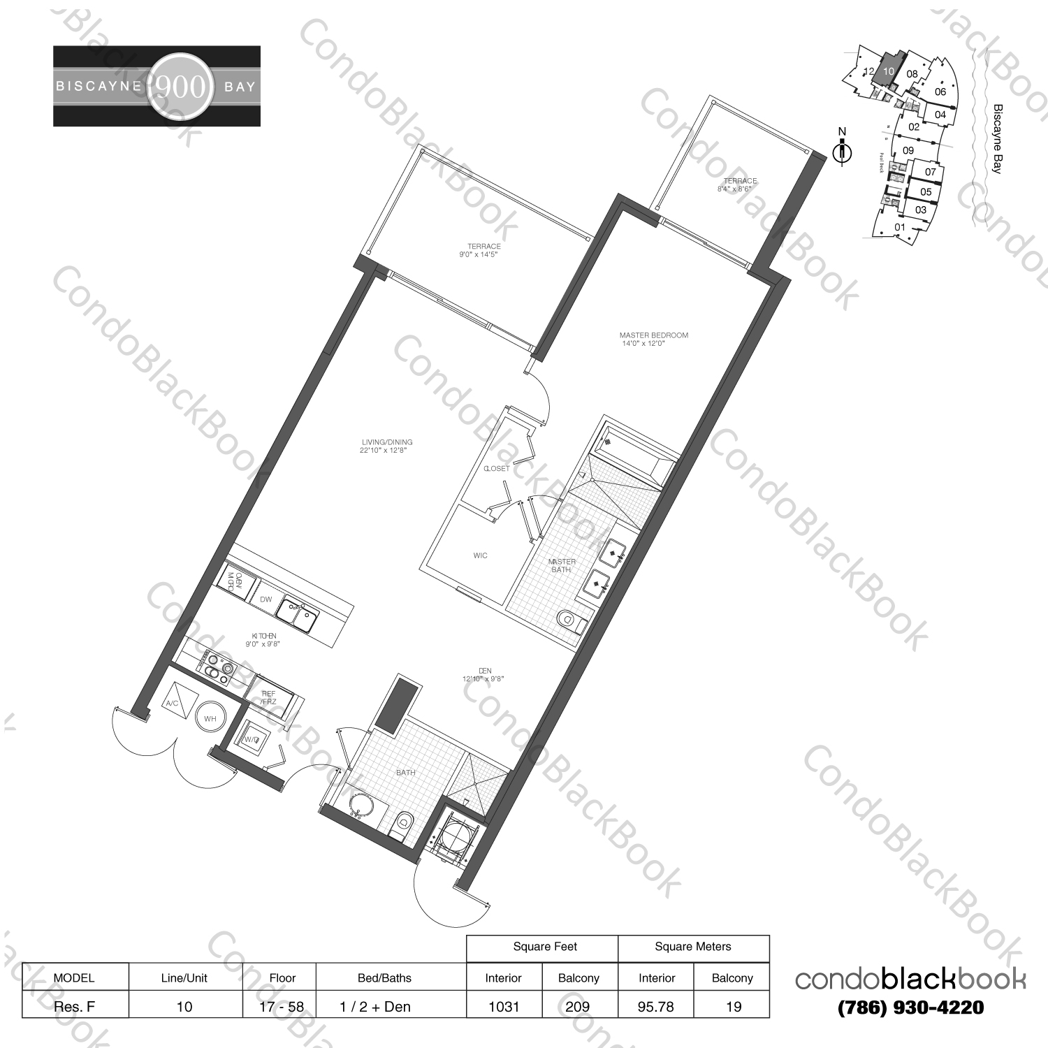 Floor plan for 900 Biscayne Bay Downtown Miami Miami, model Res. F, line 10, 1 / 2 + Den bedrooms, 1031 sq ft