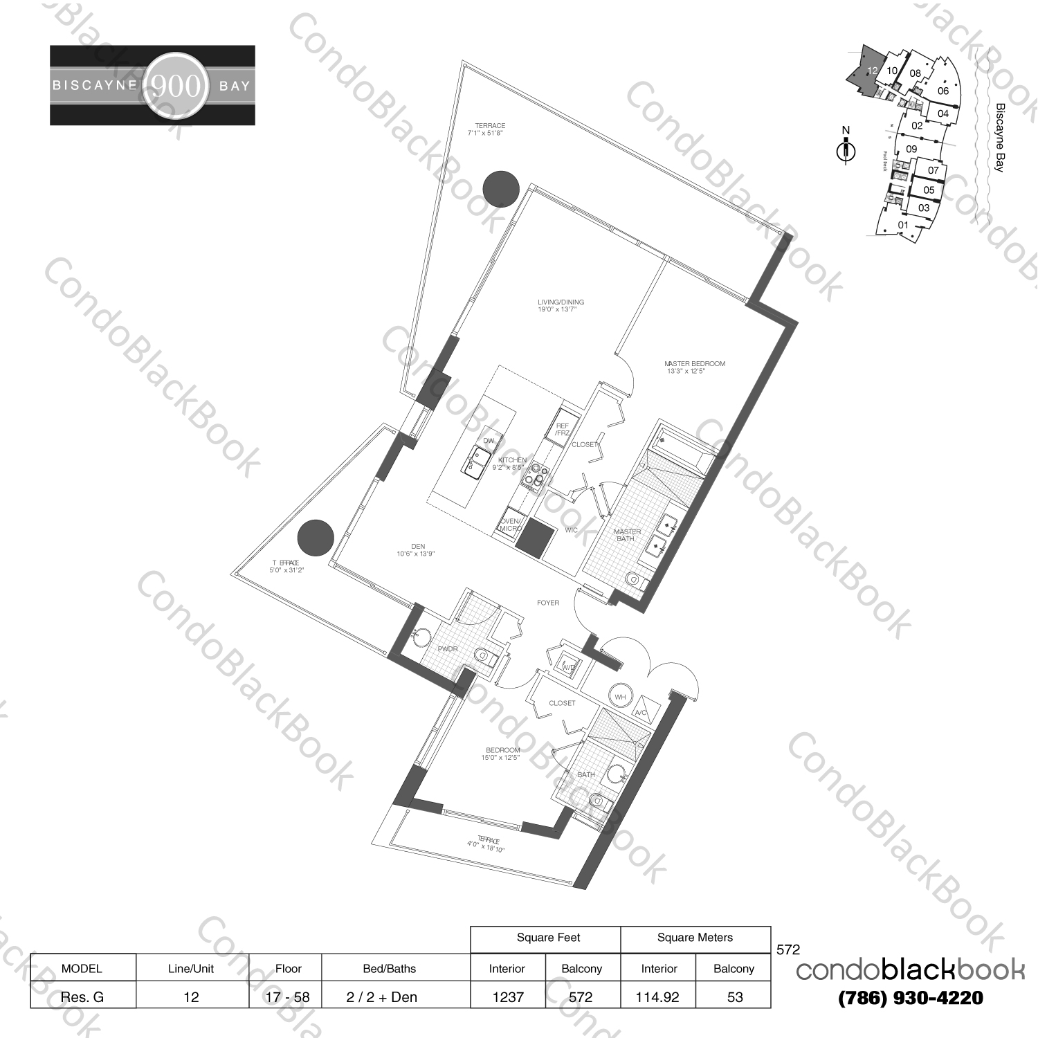 Floor plan for 900 Biscayne Bay Downtown Miami Miami, model Res. G, line 12, 2 / 2 + Den bedrooms, 1237 sq ft