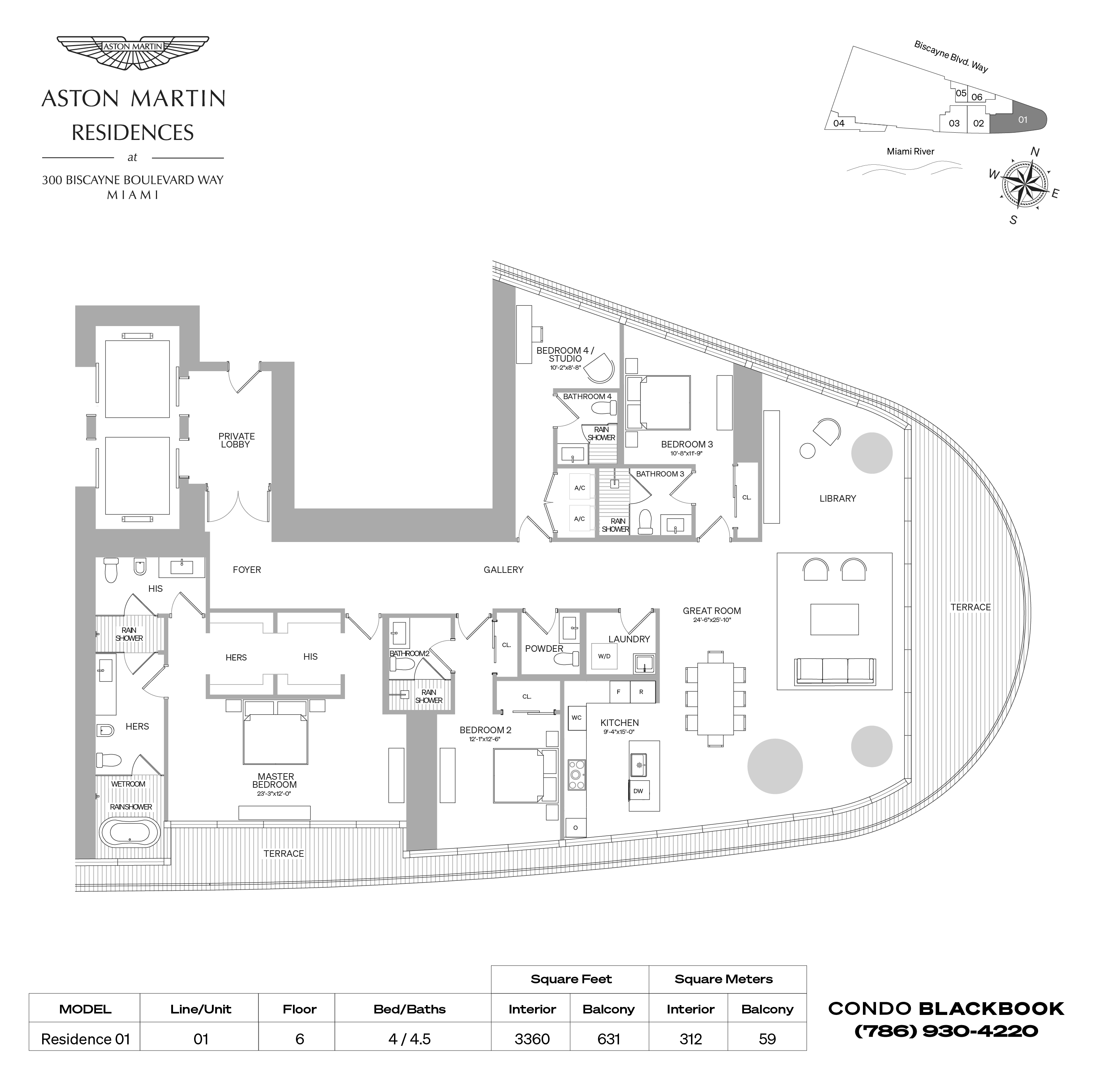 Floor plan for Aston Martin Residences Downtown Miami Miami, model Residence 01, line 01, 4 / 4.5 bedrooms, 3360 sq ft