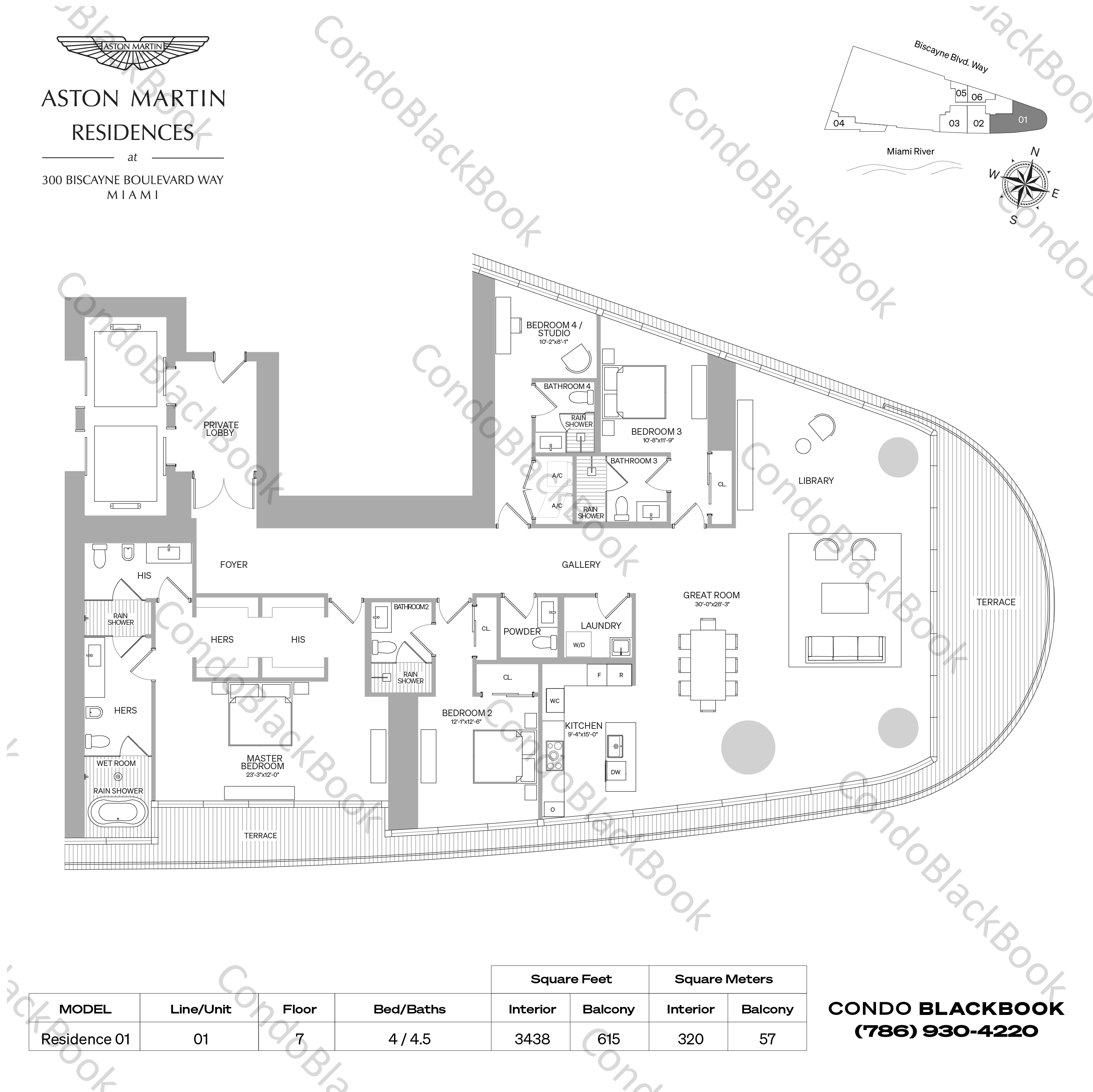 Floor plan for Aston Martin Residences Downtown Miami Miami, model Residence 01, line 01, 4 / 4.5 bedrooms, 3438 sq ft