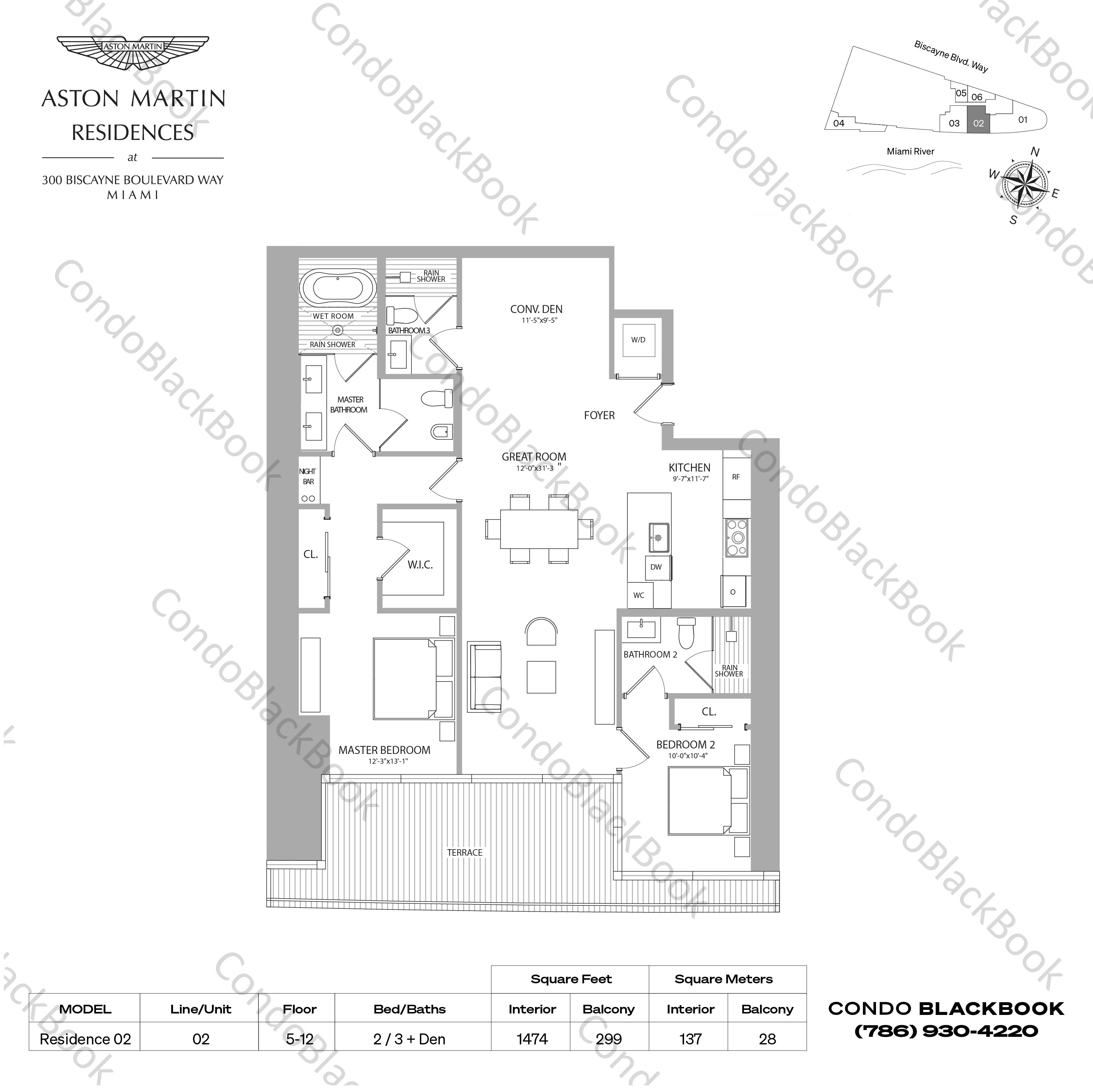 Floor plan for Aston Martin Residences Downtown Miami Miami, model Residence 02, line 02, 2 / 3 + Den bedrooms, 1474 sq ft