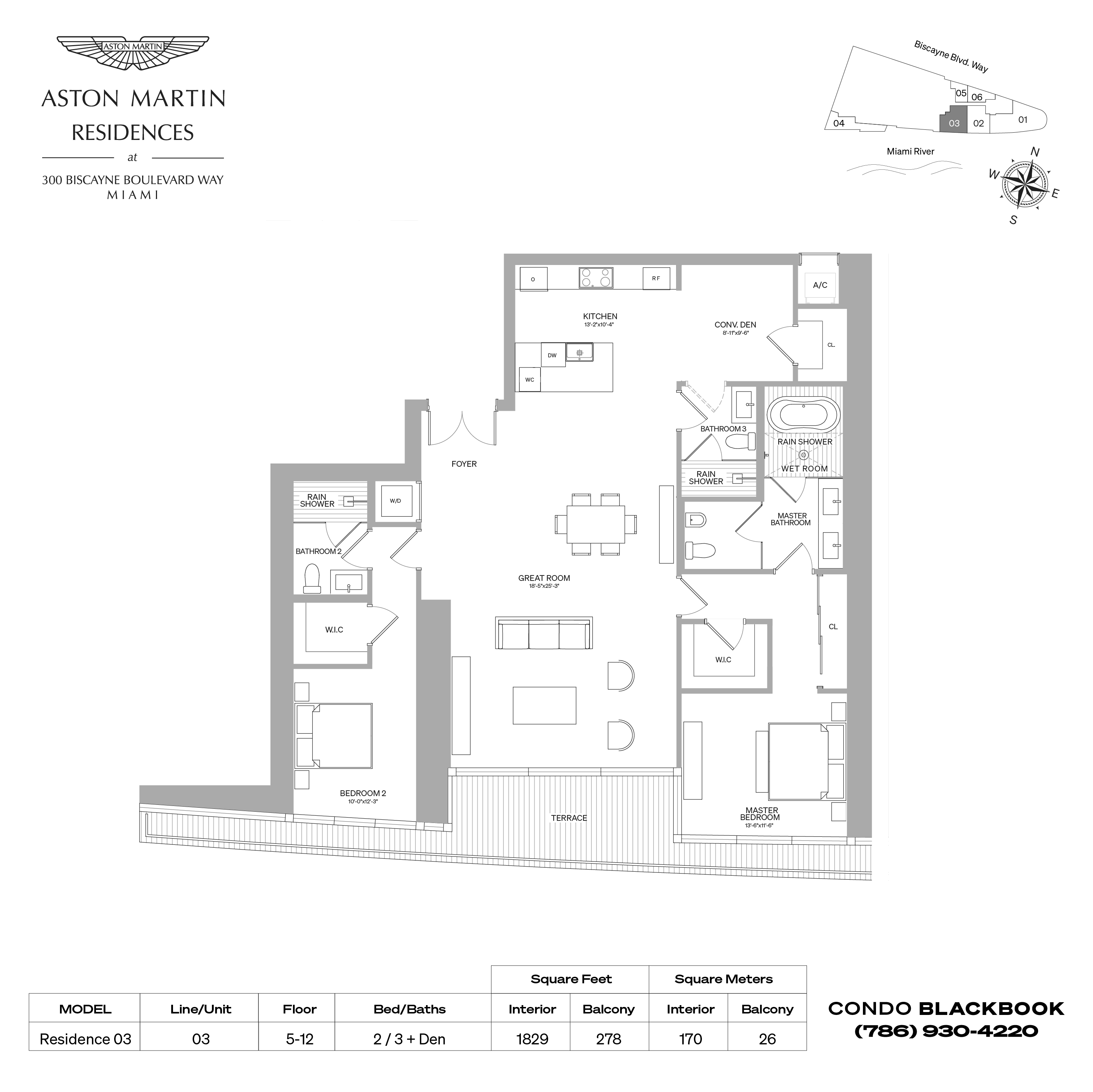 Floor plan for Aston Martin Residences Downtown Miami Miami, model Residence 03, line 03, 2 / 3 + Den bedrooms, 1829 sq ft