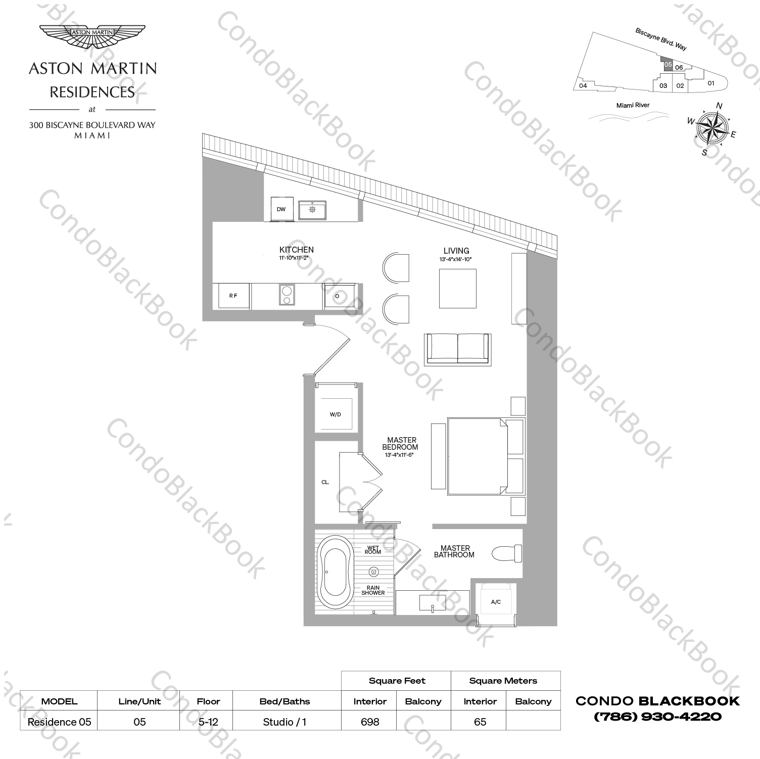 Floor plan for Aston Martin Residences Downtown Miami Miami, model Residence 05, line 05, Studio / 1 bedrooms, 698 sq ft
