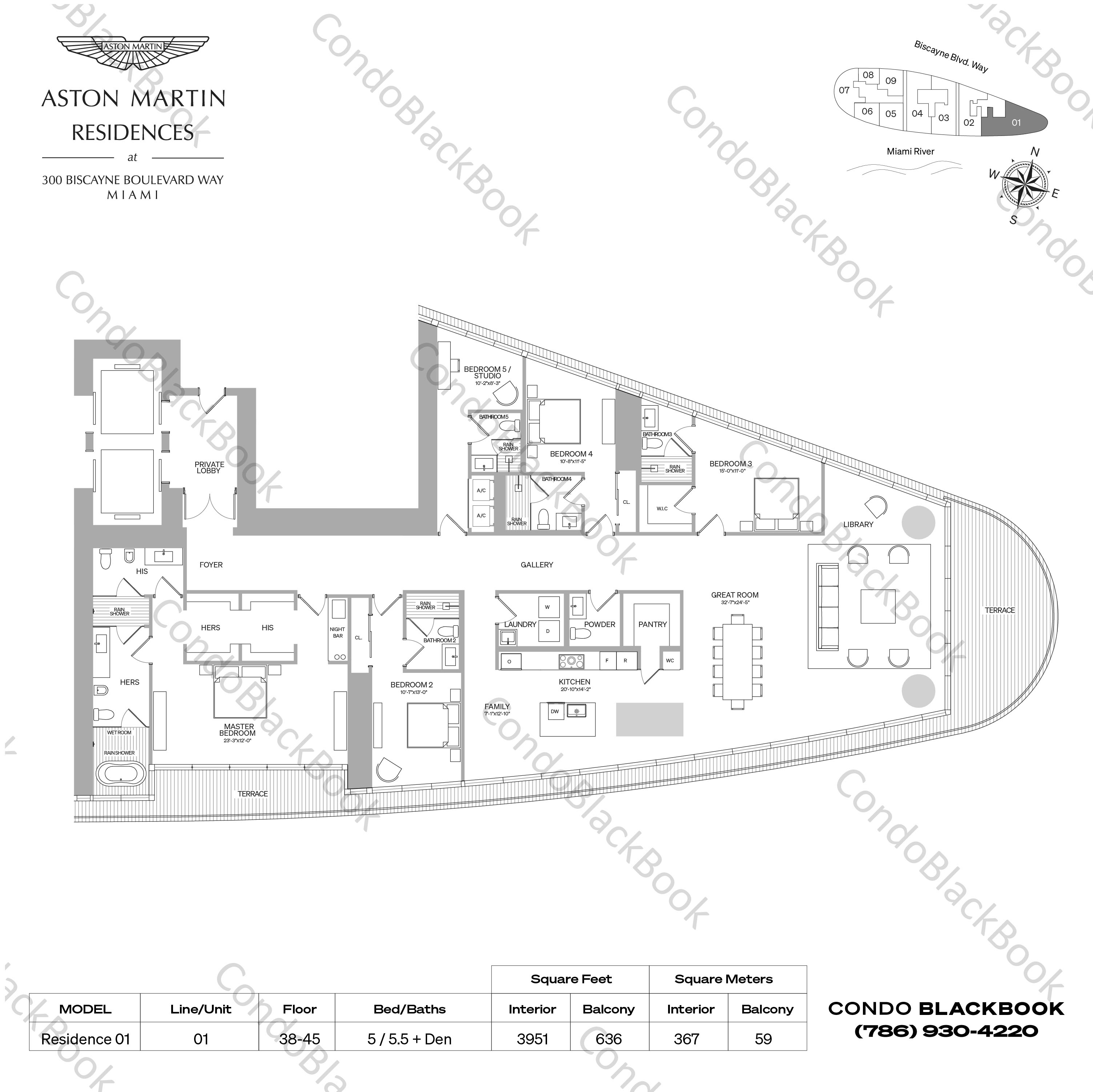 Floor plan for Aston Martin Residences Downtown Miami Miami, model Residence 01, line 01, 5 / 5.5 + Den bedrooms, 3951 sq ft