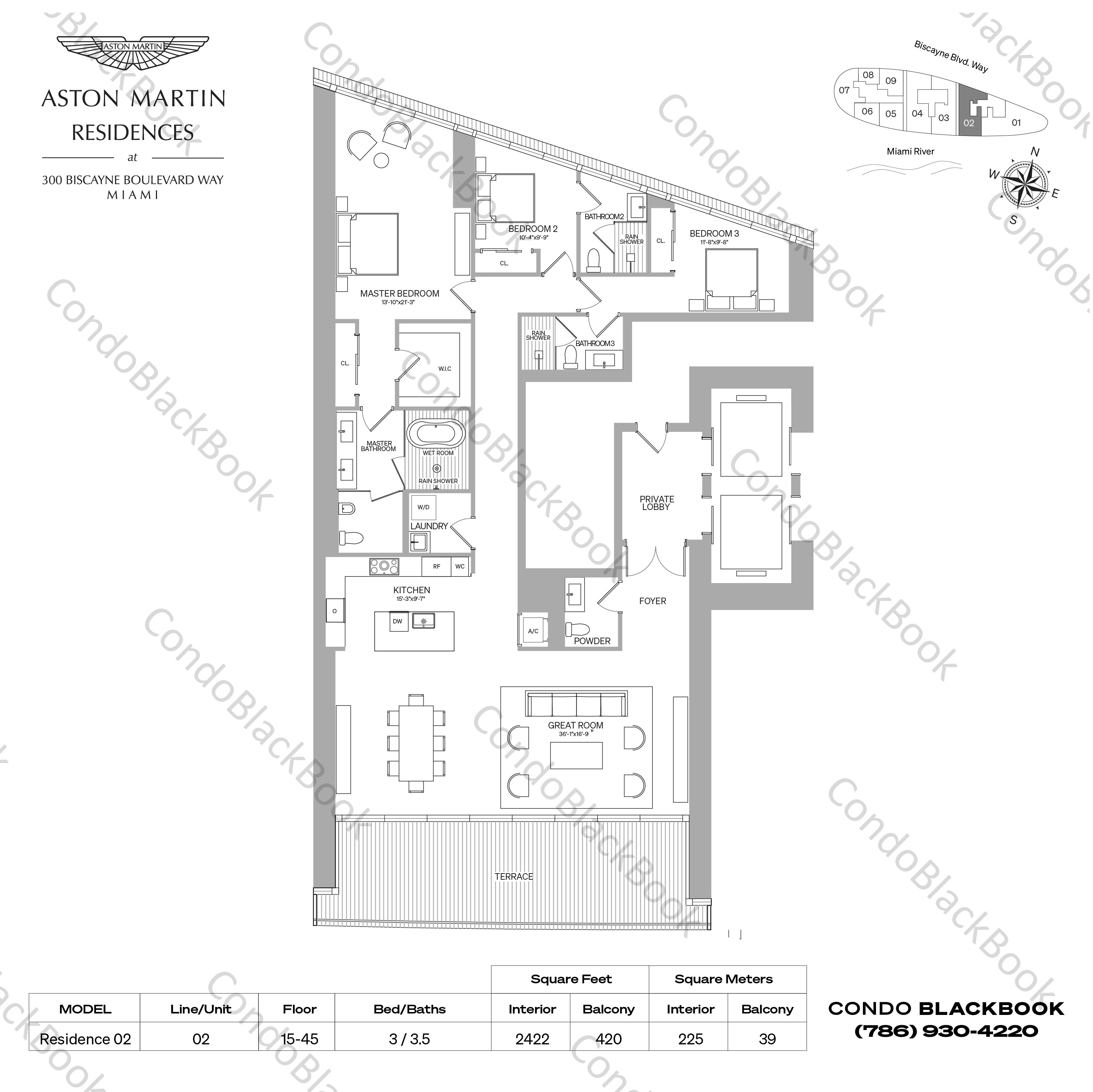 Floor plan for Aston Martin Residences Downtown Miami Miami, model Residence 02, line 02, 3 / 3.5 bedrooms, 2422 sq ft