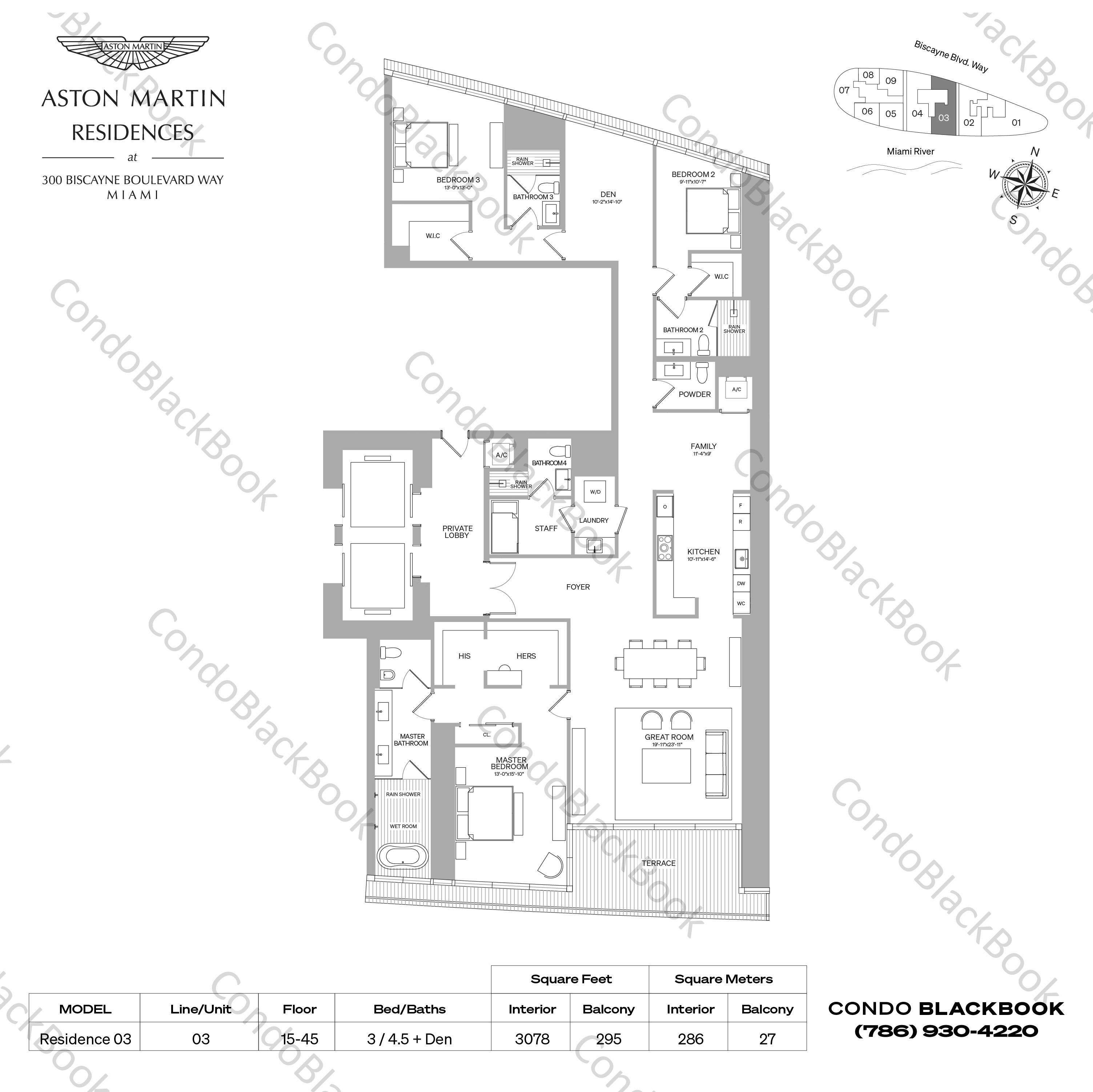 Floor plan for Aston Martin Residences Downtown Miami Miami, model Residence 03, line 03, 3 / 4.5 + Den bedrooms, 3078 sq ft