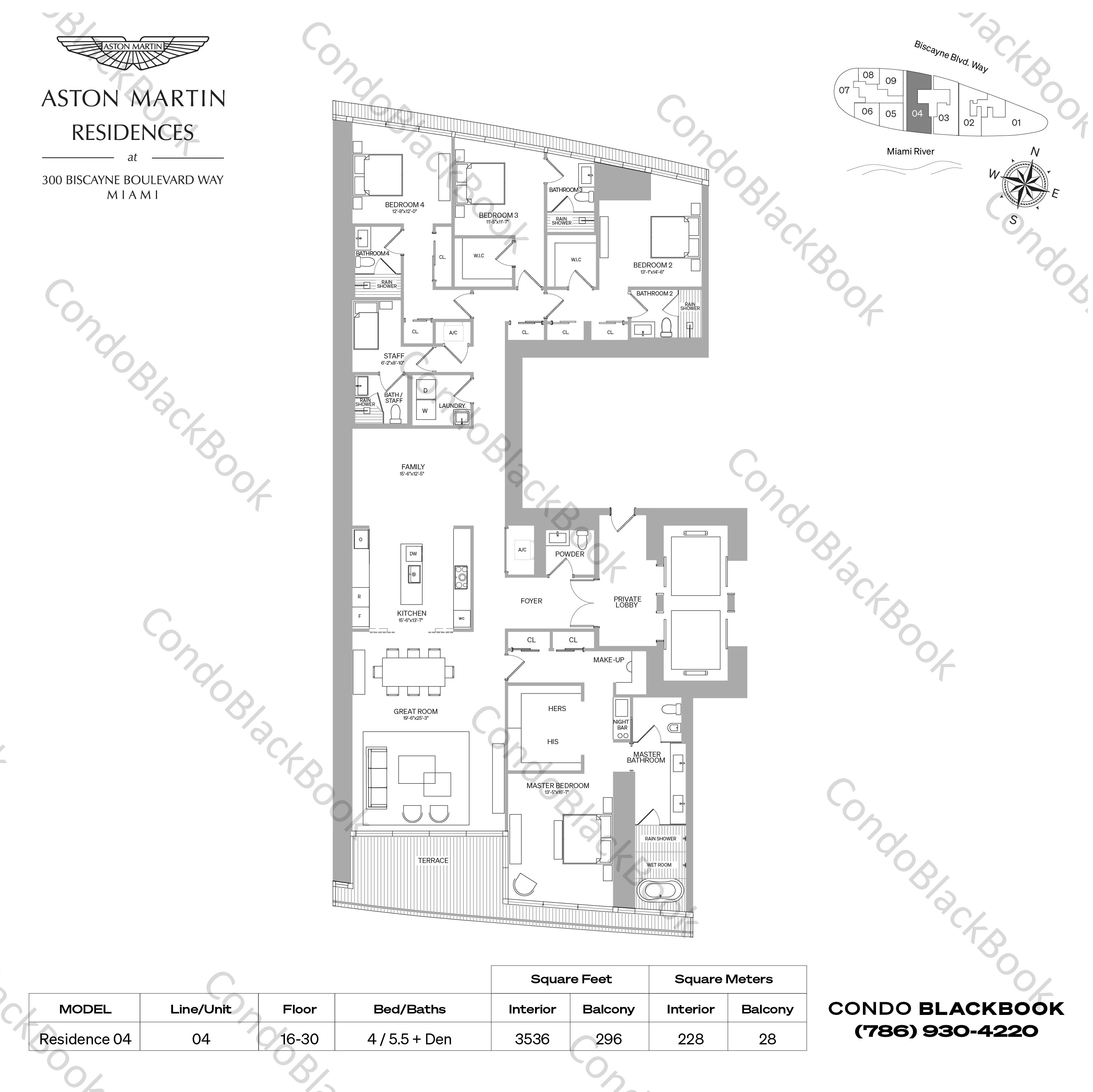Floor plan for Aston Martin Residences Downtown Miami Miami, model Residence 04, line 04, 4 / 5.5 + Den bedrooms, 3536 sq ft