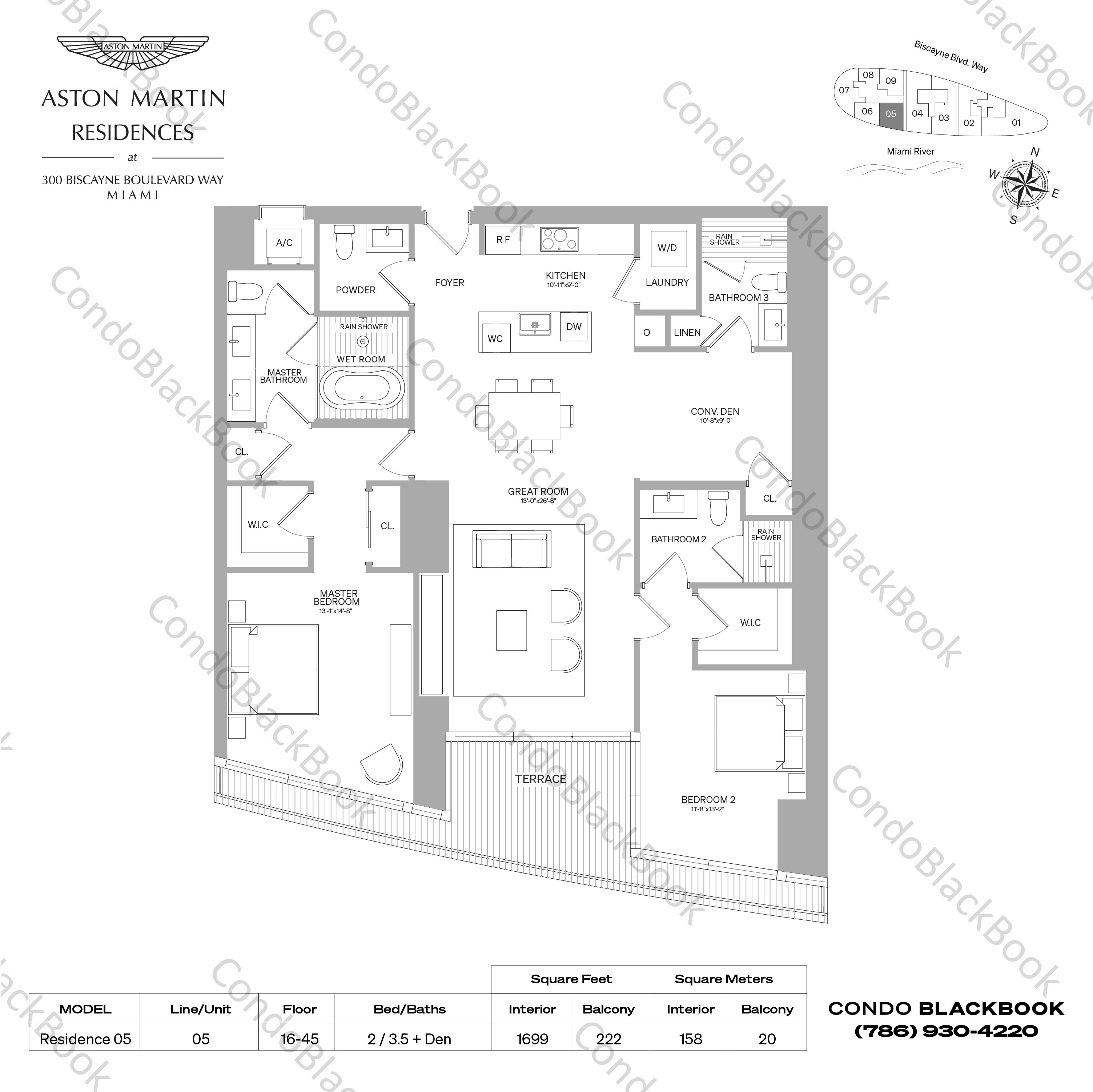 Floor plan for Aston Martin Residences Downtown Miami Miami, model Residence 05, line 05, 2 / 3.5 + Den bedrooms, 1699 sq ft