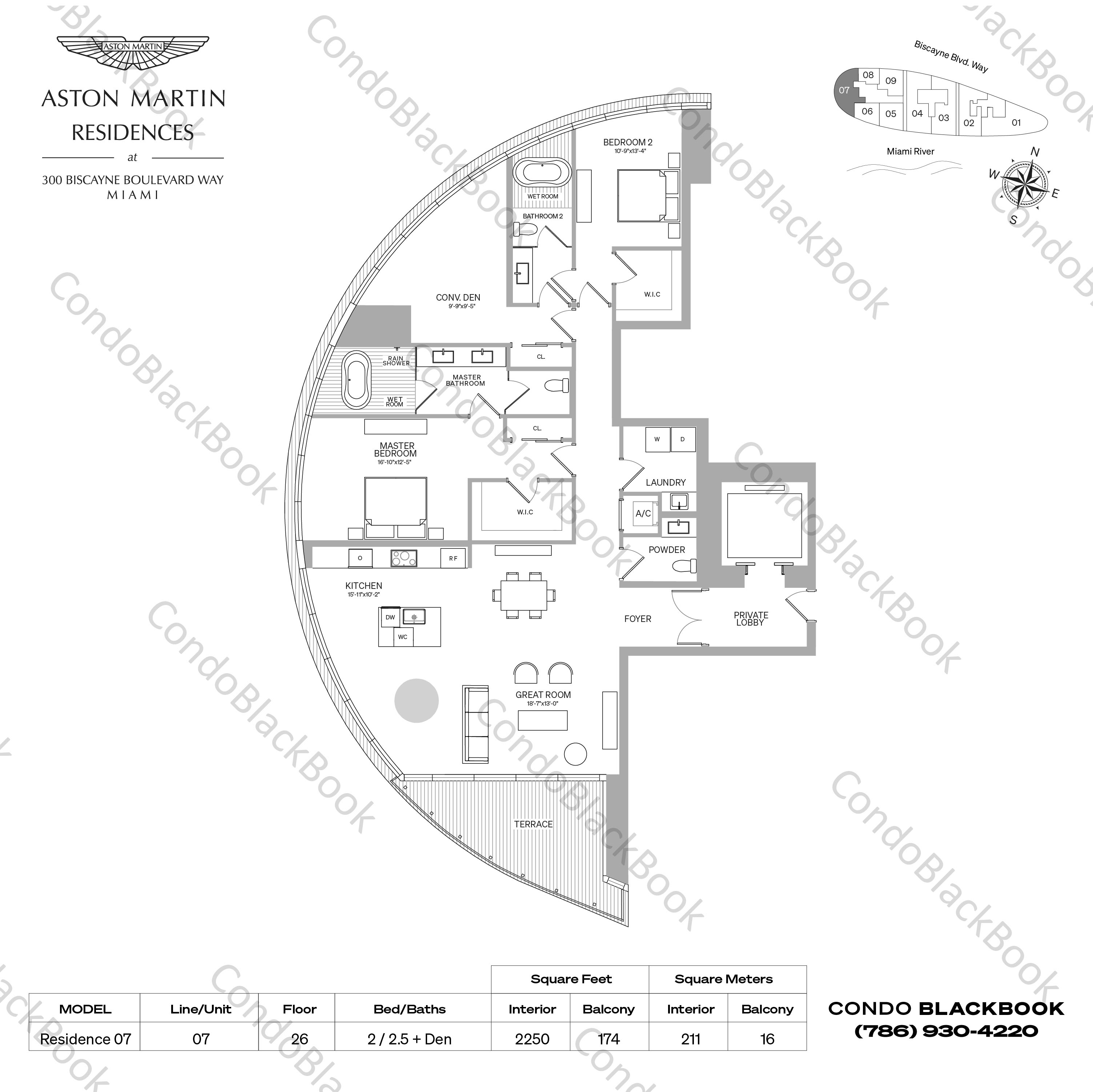Floor plan for Aston Martin Residences Downtown Miami Miami, model Residence 07, line 07, 2 / 2.5 + Den bedrooms, 2250 sq ft