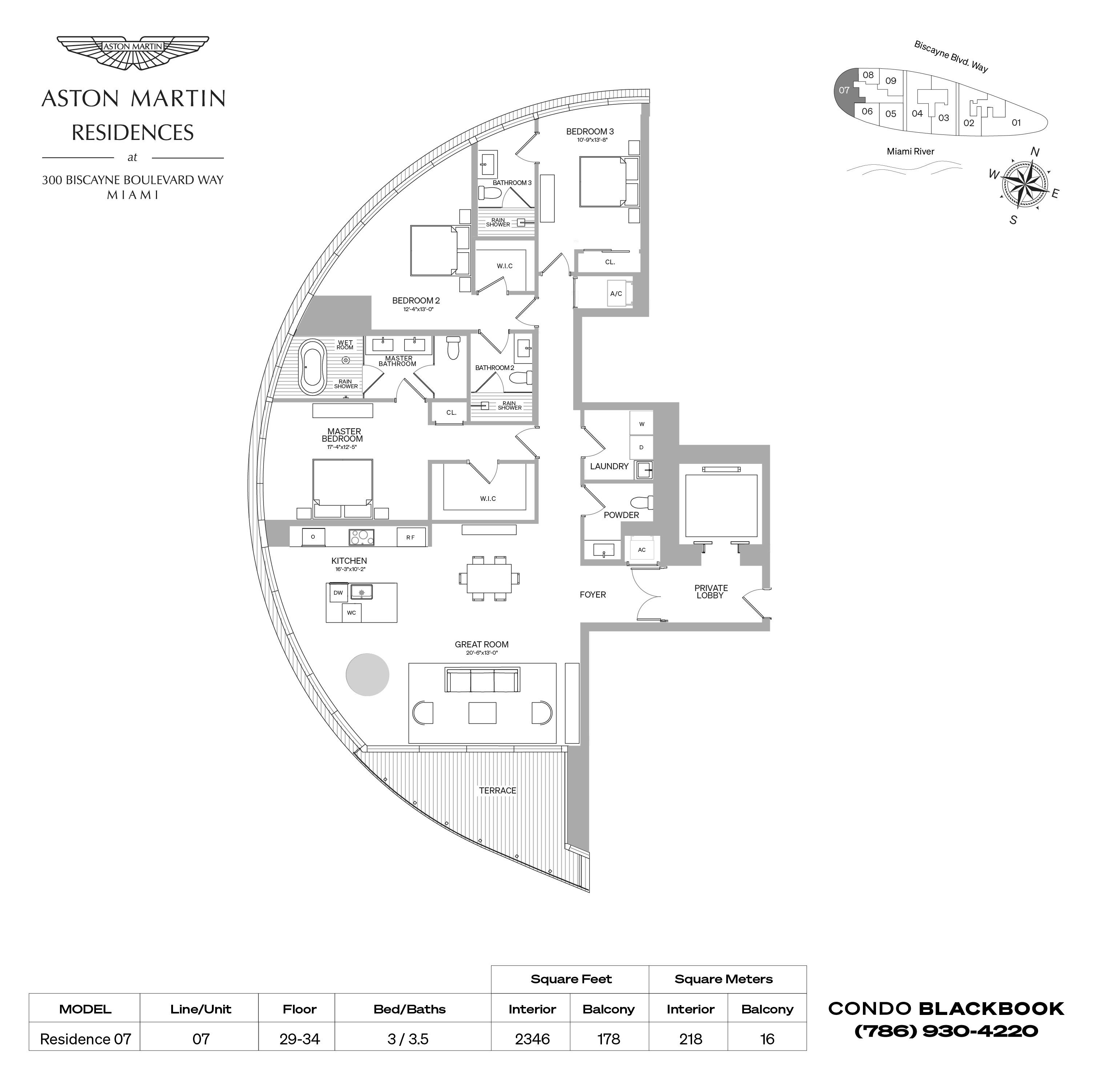 Floor plan for Aston Martin Residences Downtown Miami Miami, model Residence 07, line 07, 3 / 3.5 bedrooms, 2346 sq ft