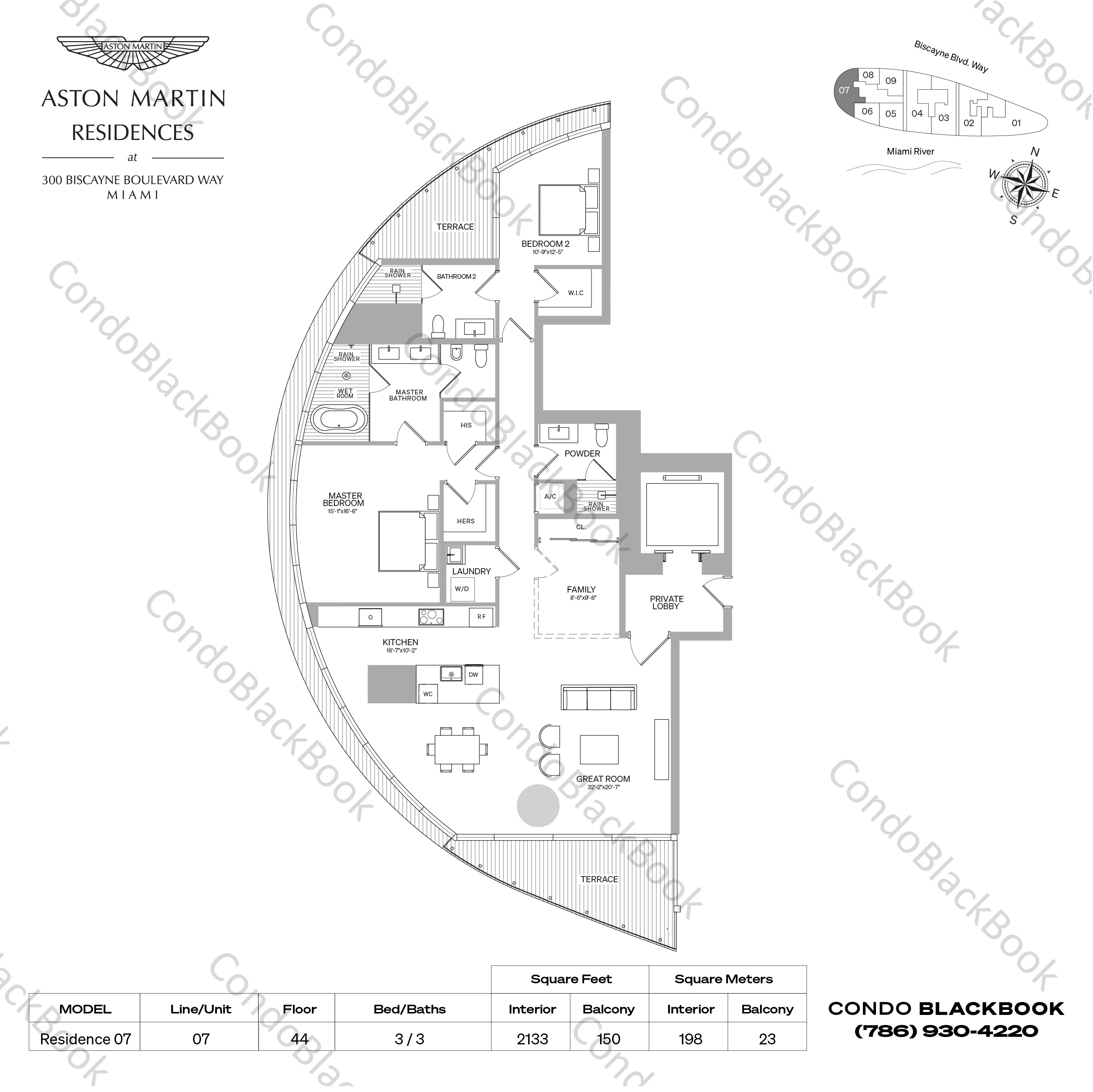 Floor plan for Aston Martin Residences Downtown Miami Miami, model Residence 07, line 07, 3 / 3 bedrooms, 2133 sq ft
