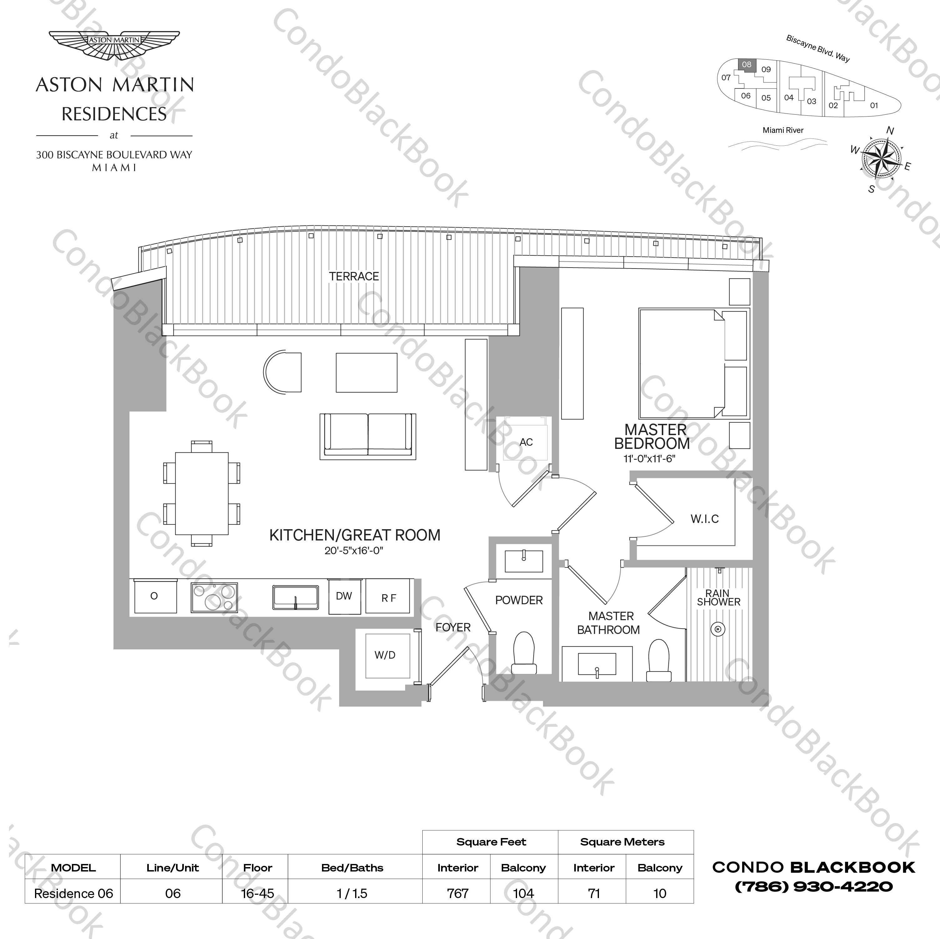 Floor plan for Aston Martin Residences Downtown Miami Miami, model Residence 08, line 08, 1 / 1.5 bedrooms, 767 sq ft
