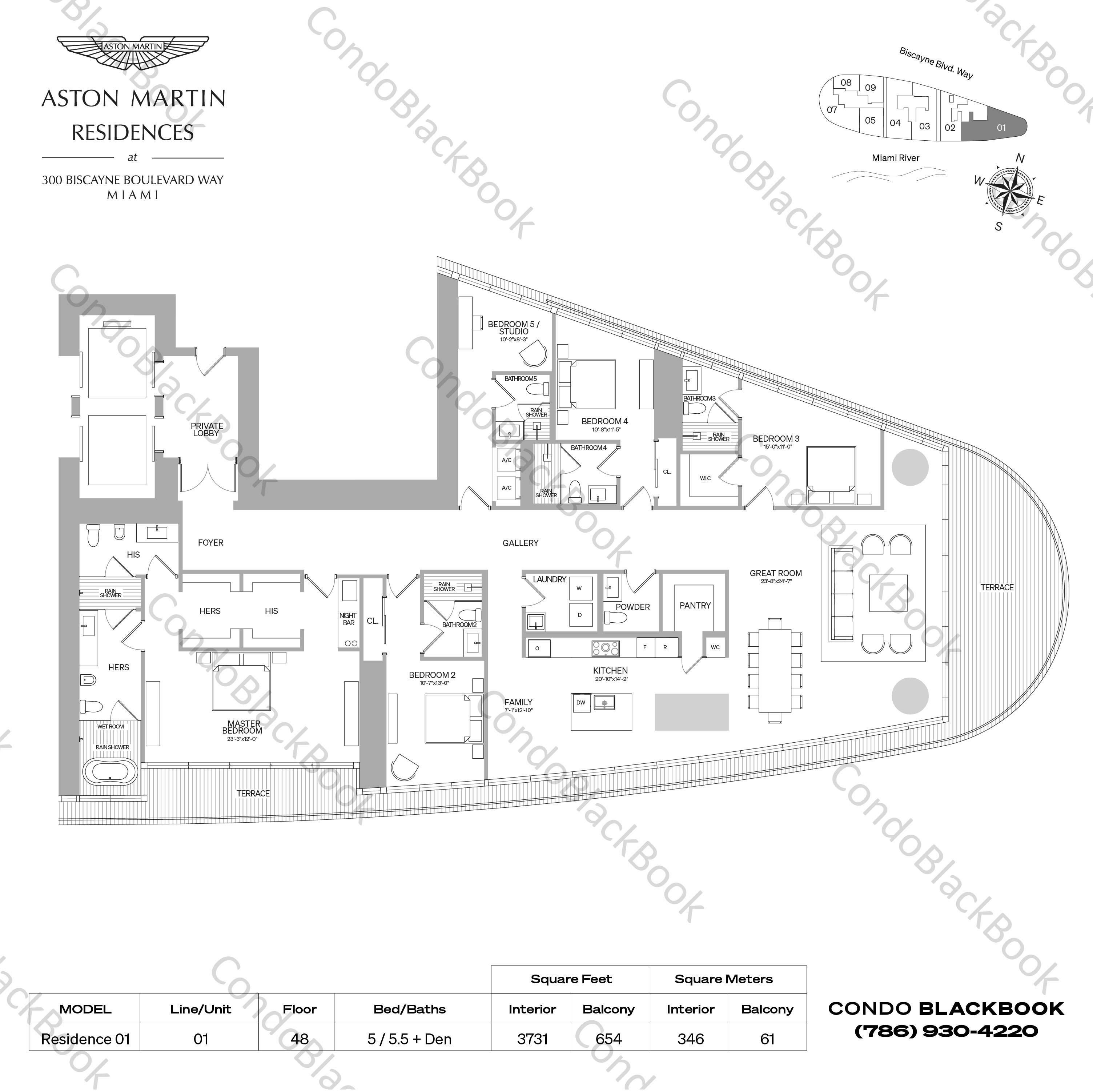 Floor plan for Aston Martin Residences Downtown Miami Miami, model Residence 01, line 01, 5 / 5.5 + Den bedrooms, 3731 sq ft