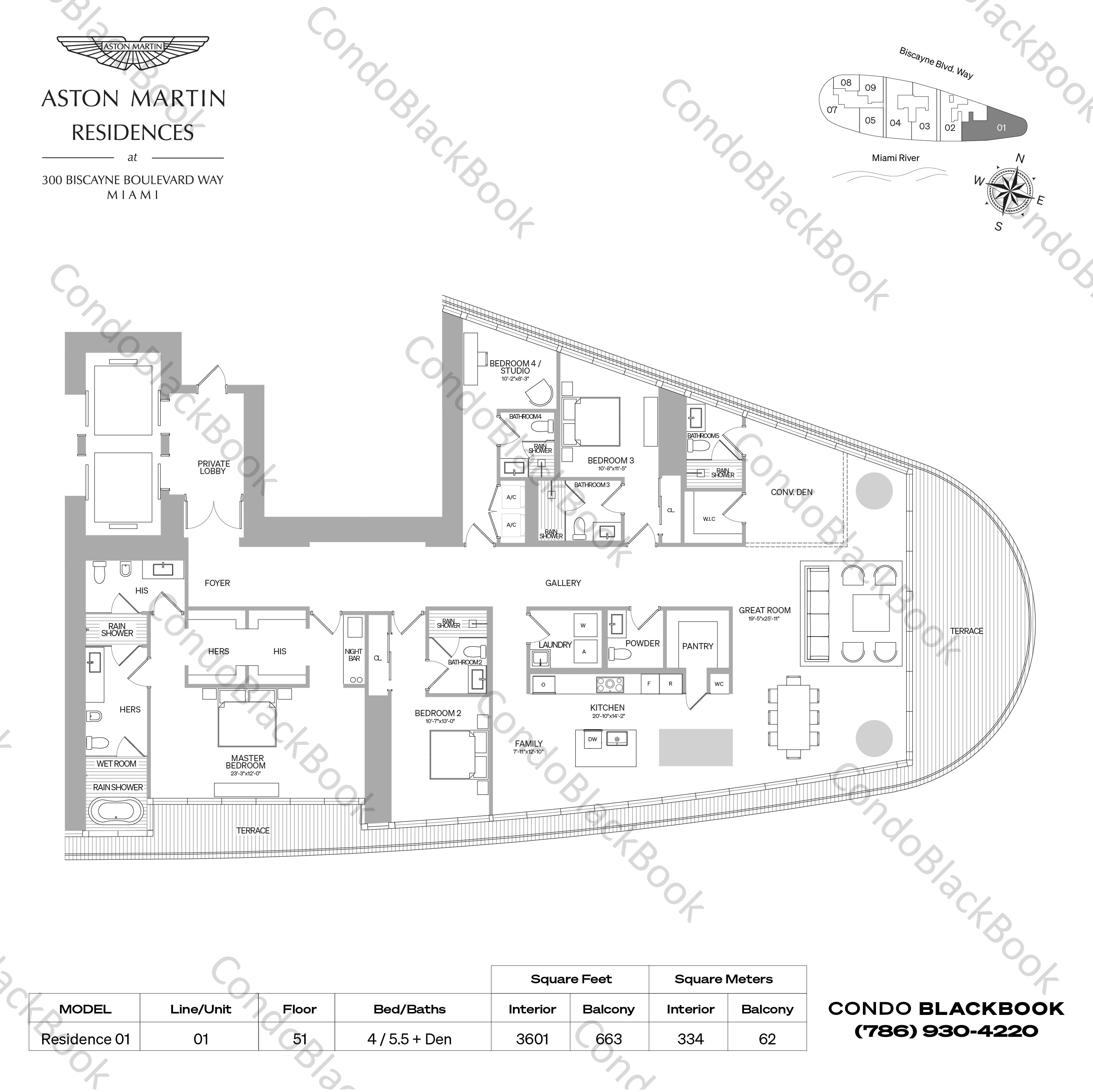 Floor plan for Aston Martin Residences Downtown Miami Miami, model Residence 01, line 01, 5 / 5.5 + Den bedrooms, 3764 sq ft