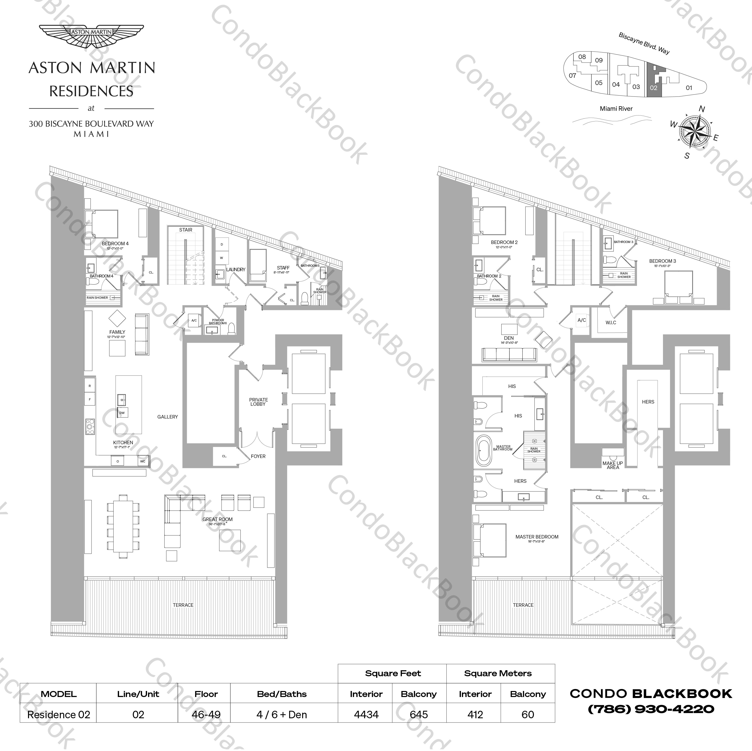 Floor plan for Aston Martin Residences Downtown Miami Miami, model Residence 02, line 02, 4 / 6 + Den bedrooms, 4434 sq ft