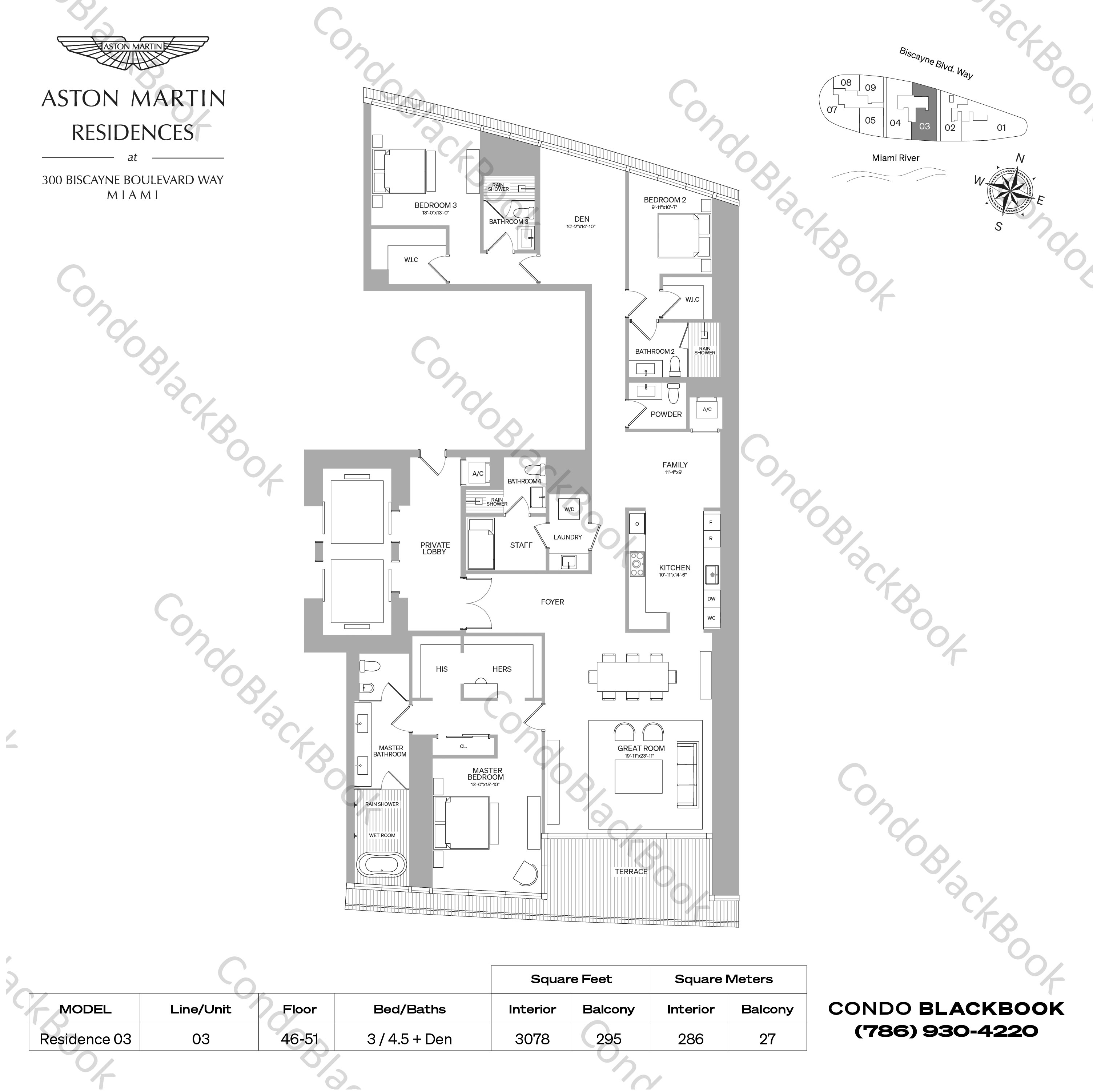 Floor plan for Aston Martin Residences Downtown Miami Miami, model Residence 03, line 03, 3 / 4.5 + Den bedrooms, 3078 sq ft
