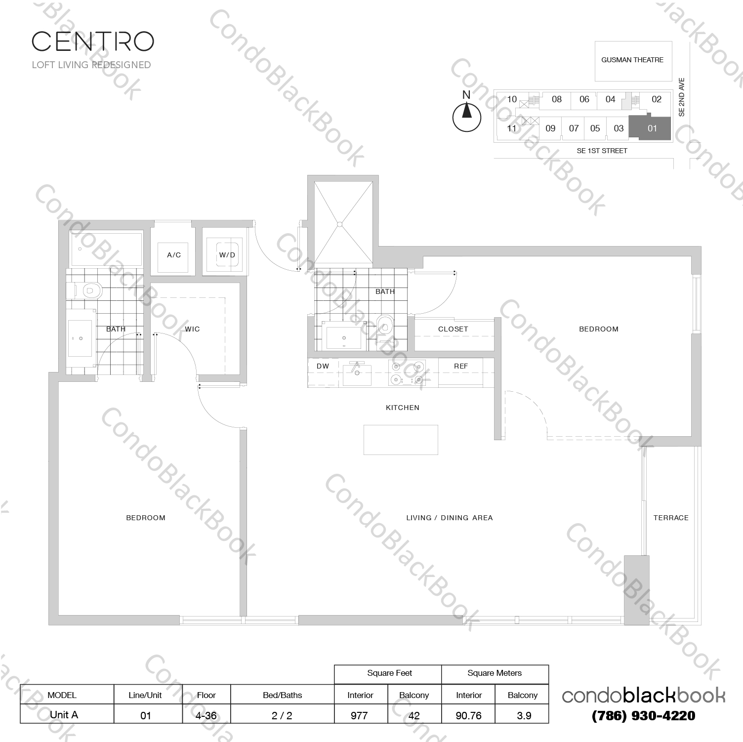 Floor plan for Centro Downtown Miami Miami, model Unit A, line 01, 2 / 2 bedrooms, 977 sq ft