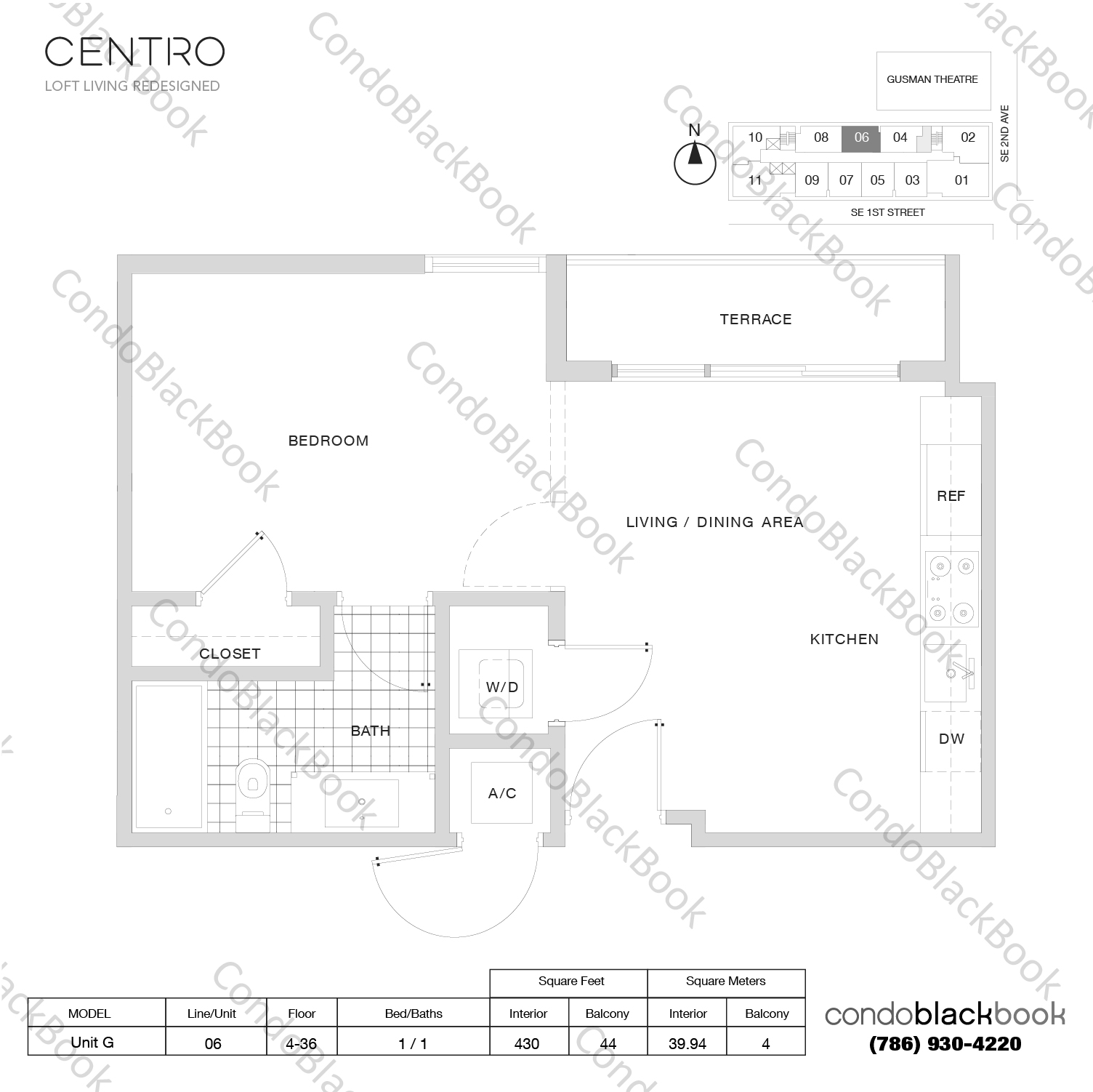 Floor plan for Centro Downtown Miami Miami, model Unit G, line 06, 1 / 1 bedrooms, 430 sq ft
