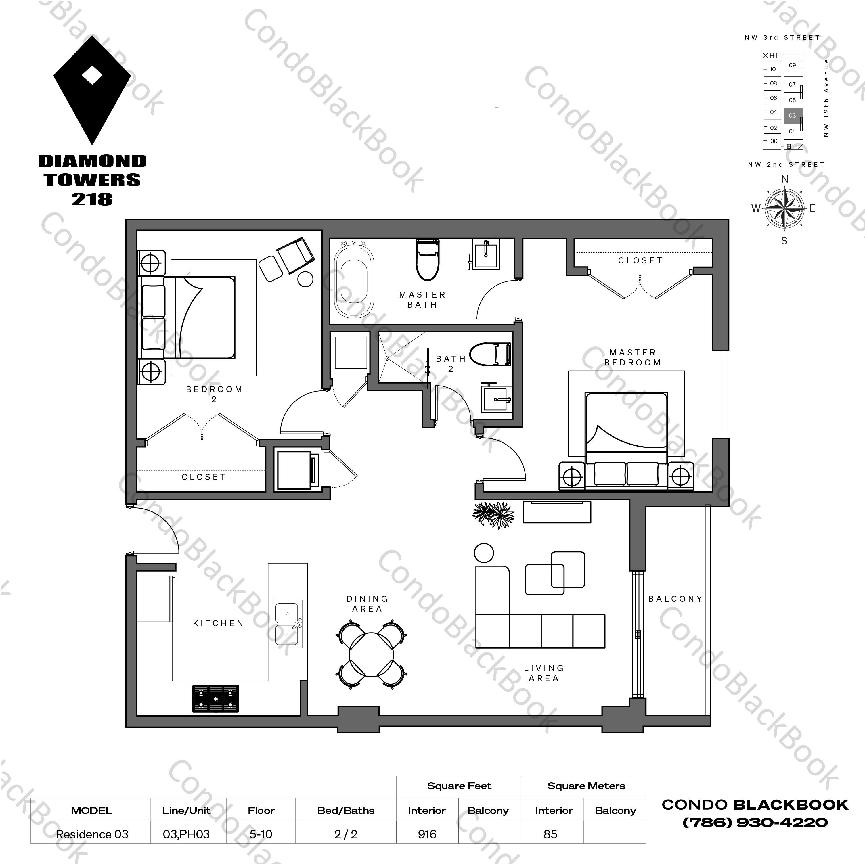 Floor plan for Diamond Tower Downtown Miami Miami, model Residence 03, line 03,PH03, 2 / 2 bedrooms, 916 sq ft