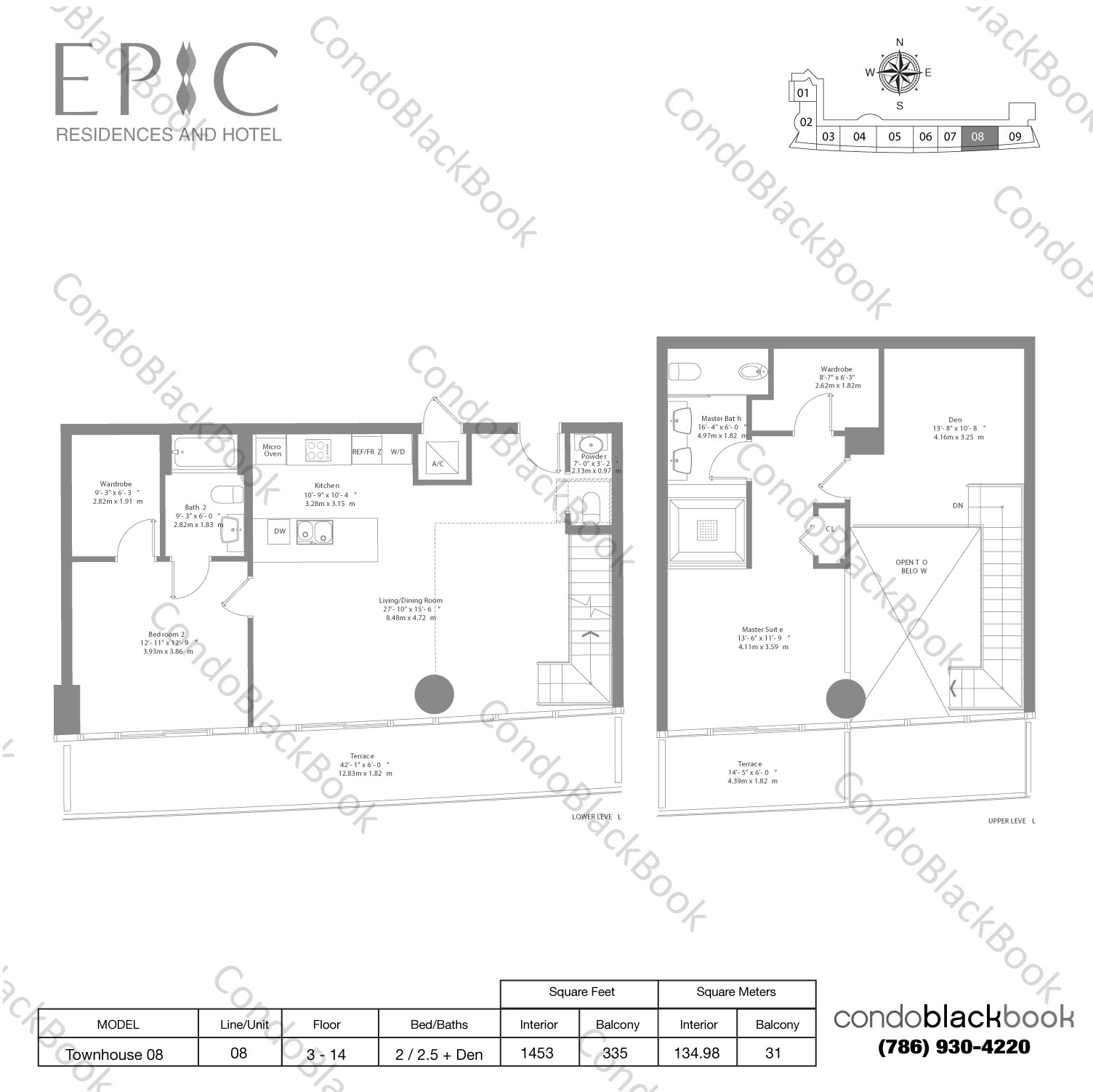 Floor plan for Epic Downtown Miami Miami, model Townhouse 08, line 08, 2 / 2.5 + Den bedrooms, 1453 sq ft